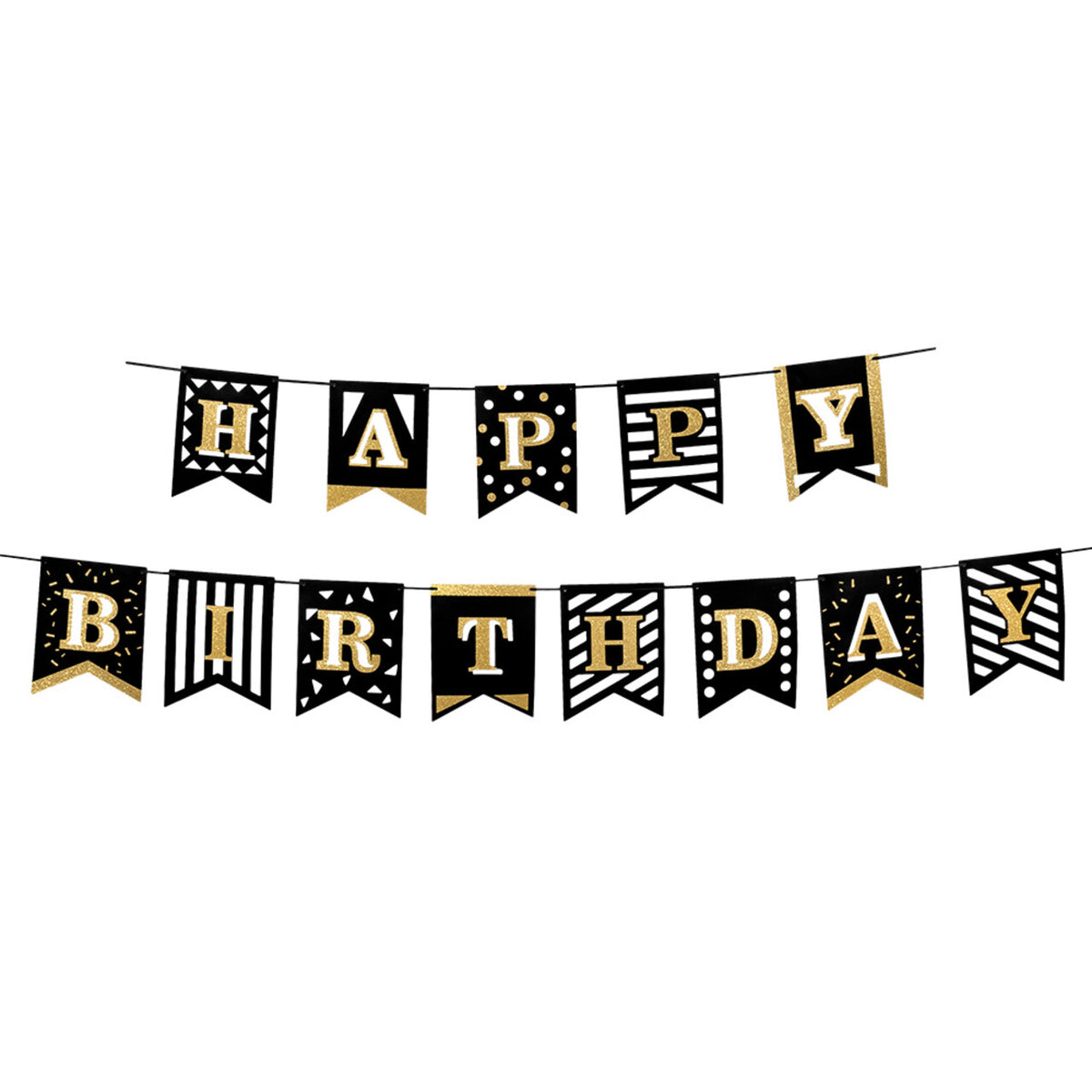 Op deze afbeelding zie je een Decoratie, van het merk Boland. Kartonnen Letterslinger Party Time Happy Birthday Goud / Zwart