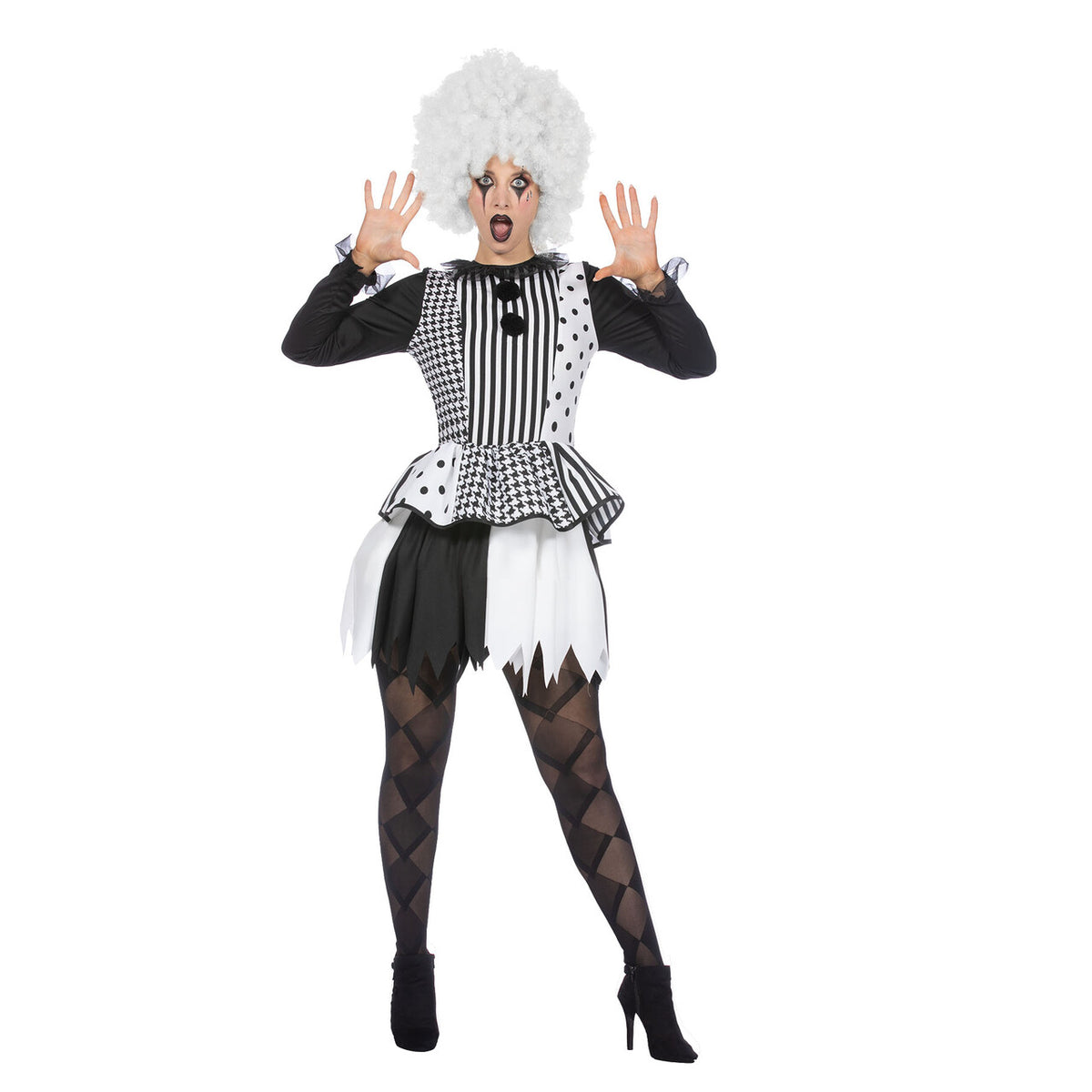 Op deze afbeelding zie je een Kostuums, van het merk Wilbers. Black And White Pierrot Vrouw Kostuum