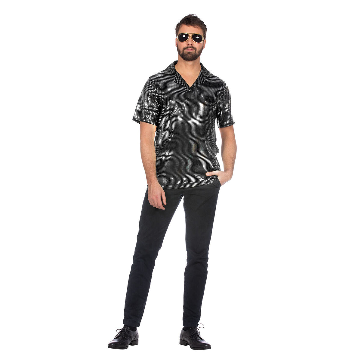 Op deze afbeelding zie je een Kostuums, van het merk Wilbers. Shirt Metallic Disco Bal Zilver Man