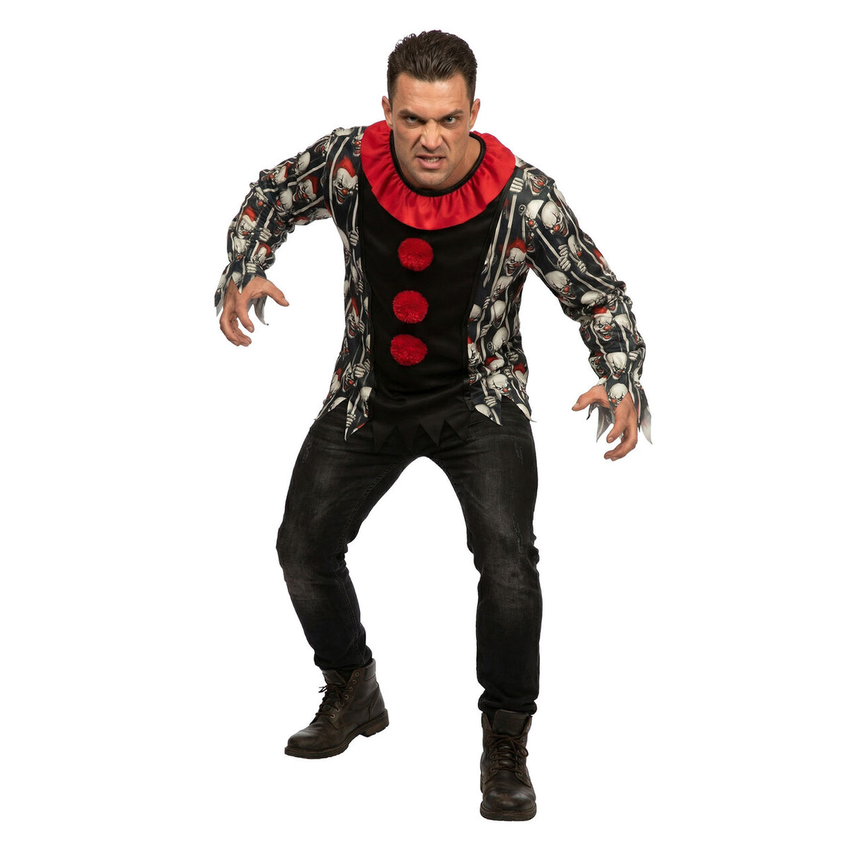 Op deze afbeelding zie je een Kostuums, van het merk Wilbers. Halloween Shirt Clown Man Kostuum