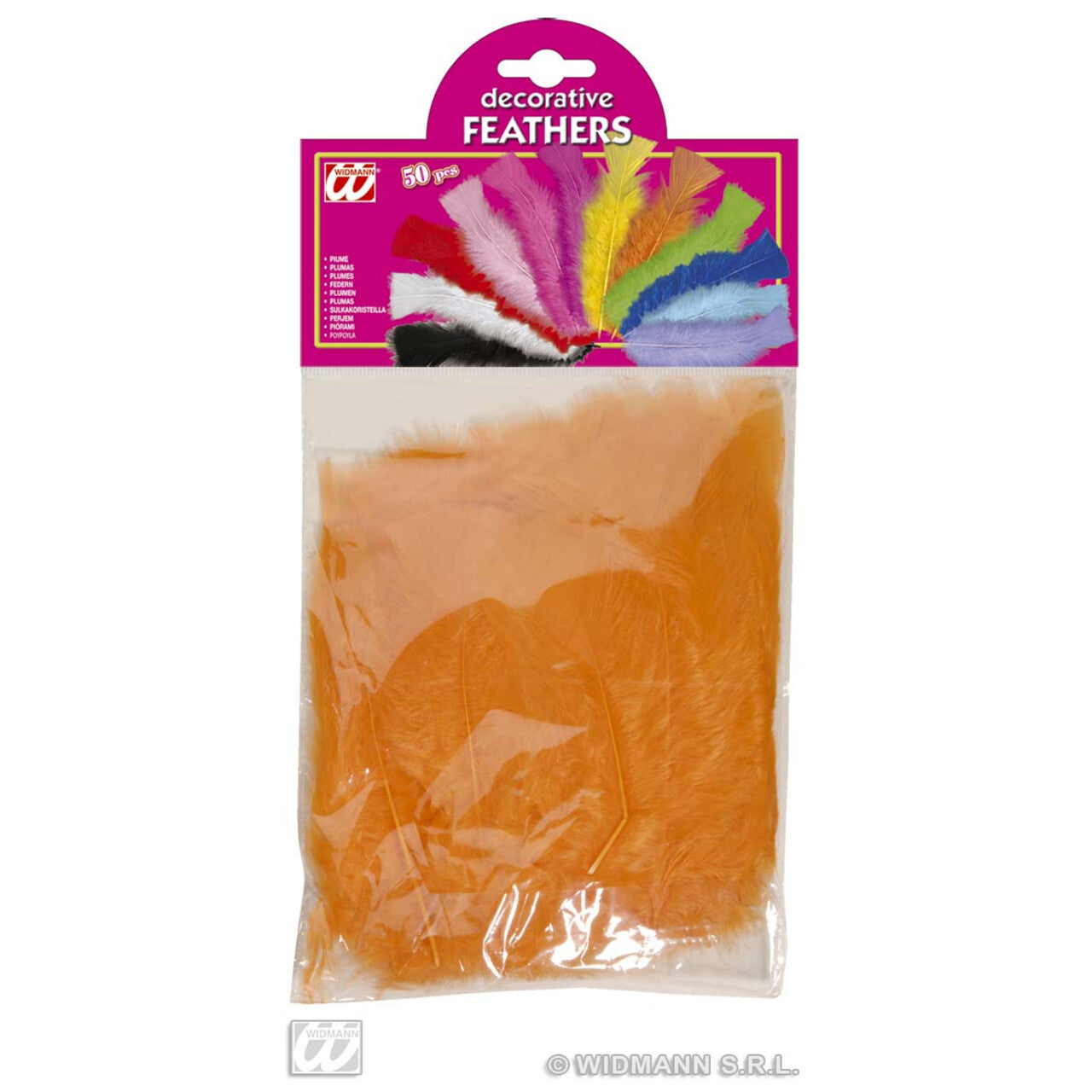 Op deze afbeelding zie je een Decoratie, van het merk Widmann. Zakje Met 50 Veertjes Oranje