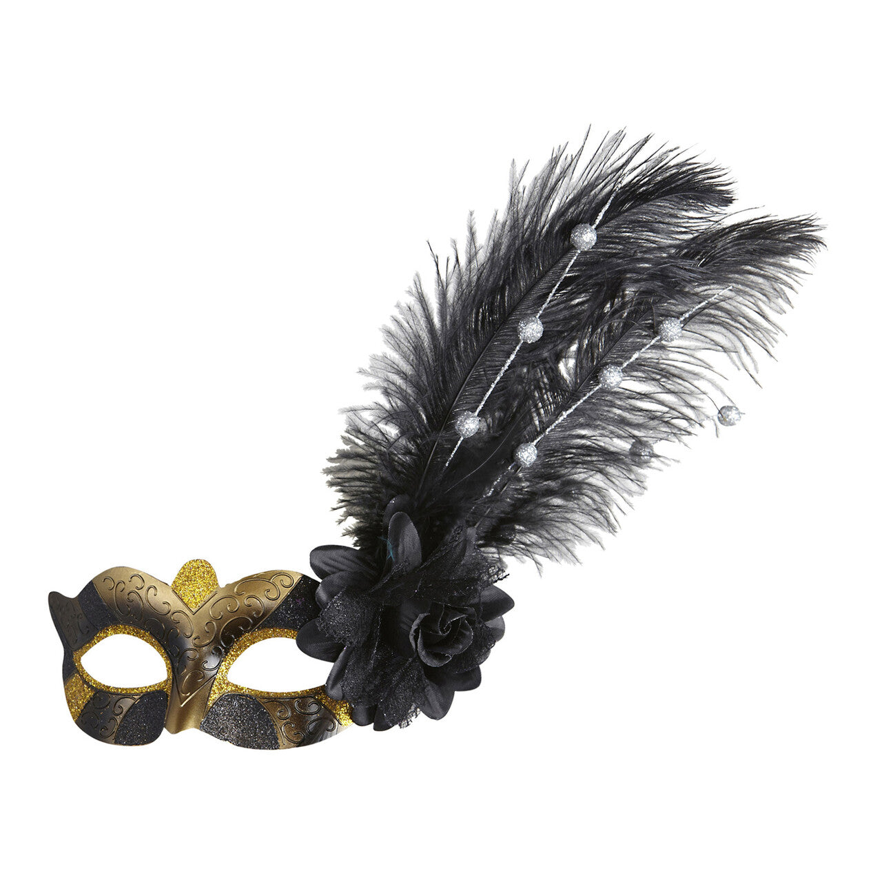 Op deze afbeelding zie je een Accessoires, van het merk Widmann. Oogmasker Goud / Zwart Met Roos En Decoratie