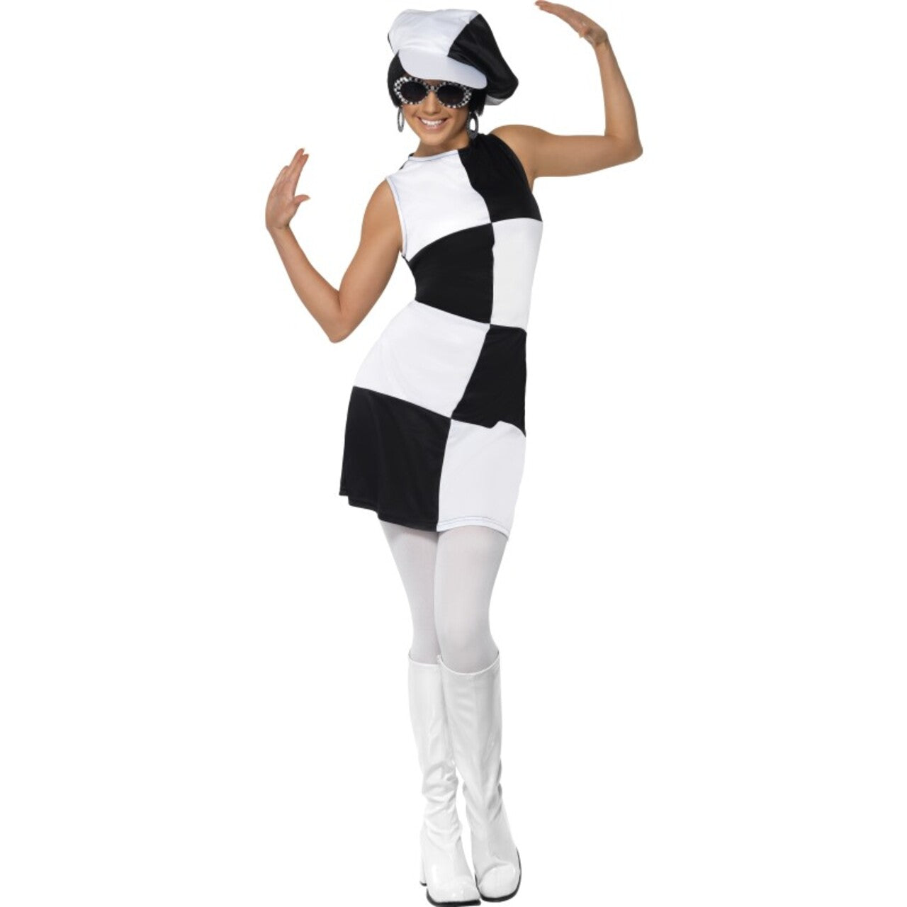 Op deze afbeelding zie je een Kostuums, van het merk Smiffy's. Sixties Black And White Partygirl Vrouw Kostuum
