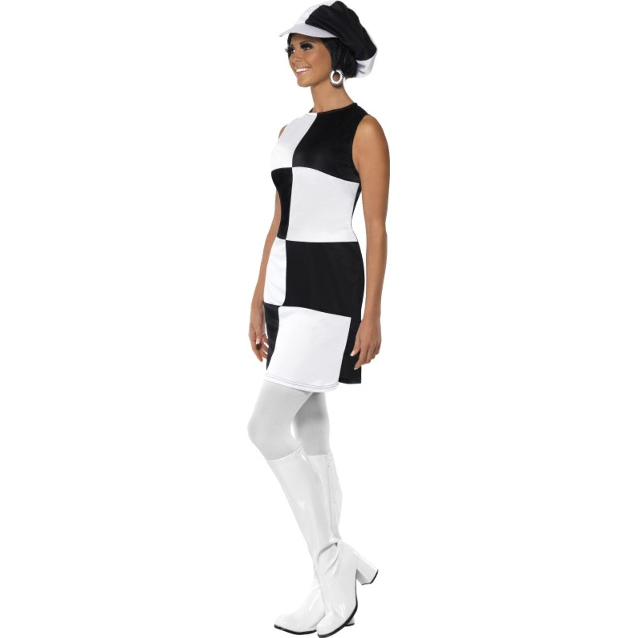Op deze afbeelding zie je een Kostuums, van het merk Smiffy's. Sixties Black And White Partygirl Vrouw Kostuum
