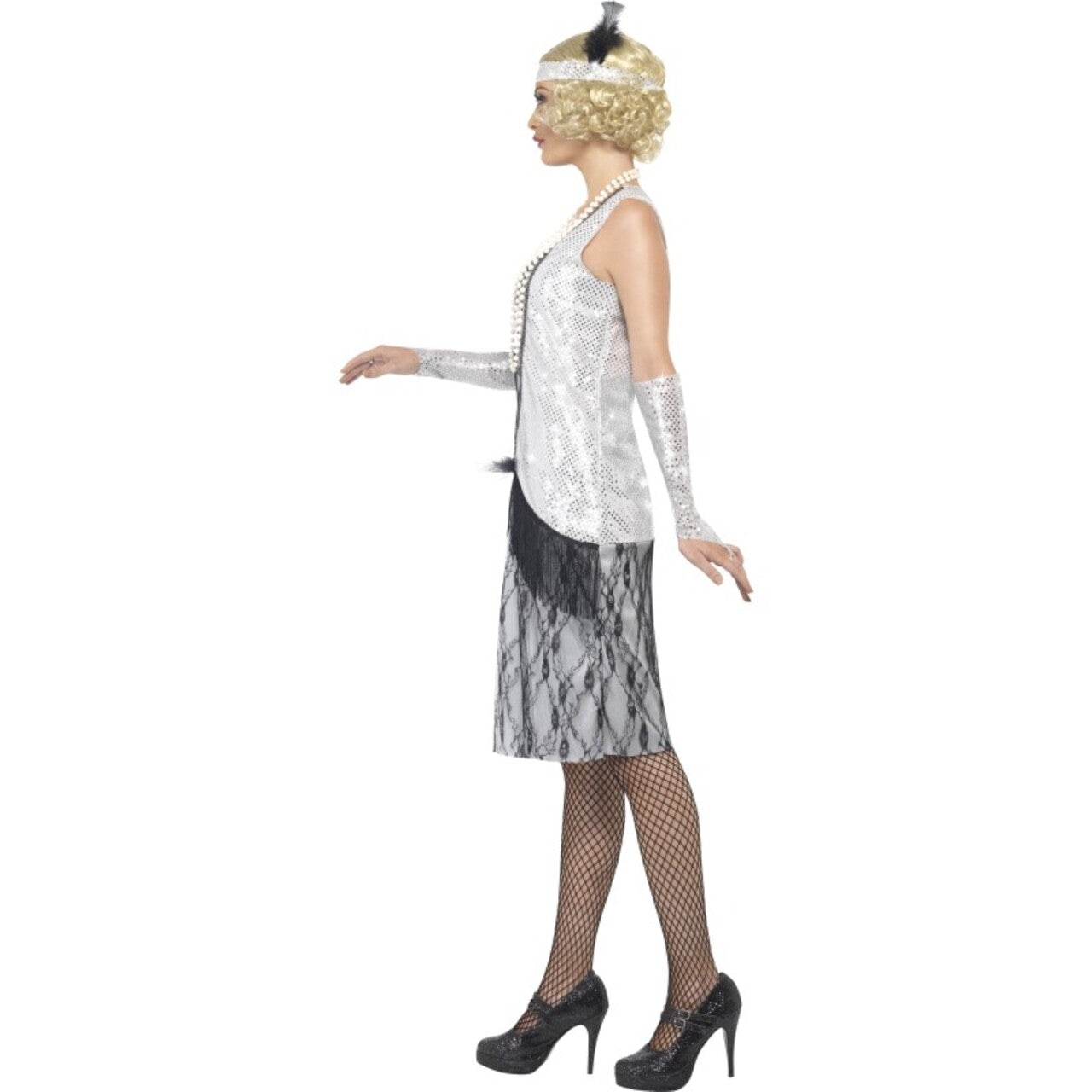 Op deze afbeelding zie je een Kostuums, van het merk Smiffy's. Zilveren Flapper Kostuum Vrouw