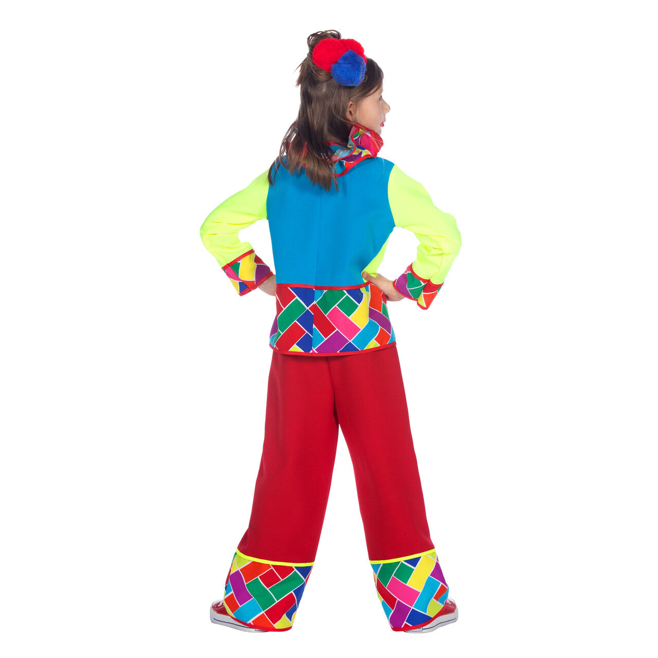 Op deze afbeelding zie je een Kostuums, van het merk Wilbers. Oranje Pierrot Luxe Joker Meisje Kostuum