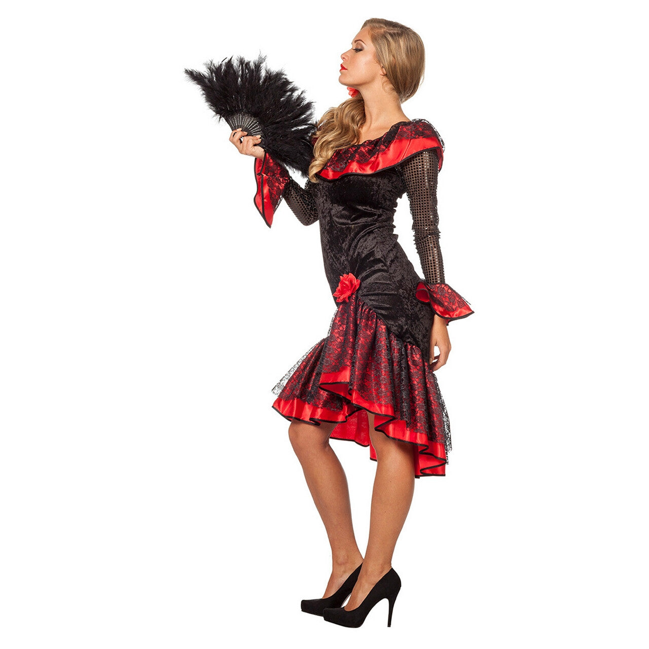 Op deze afbeelding zie je een Kostuums, van het merk Wilbers. Rood Zwarte Hola Que Tal Spaanse De Luxe Flamenco Jurk Vrouw