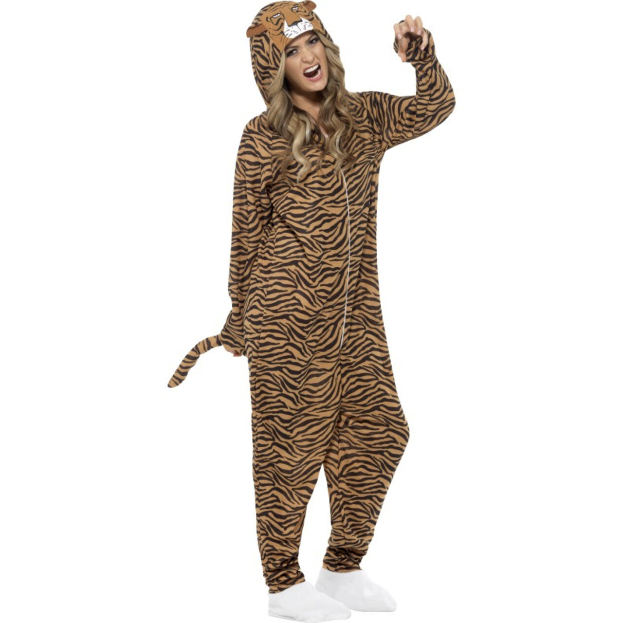 Op deze afbeelding zie je een Kostuums, van het merk Smiffy's. Bruine Onesie Tastbare Tijger Jumpsuit Kostuum