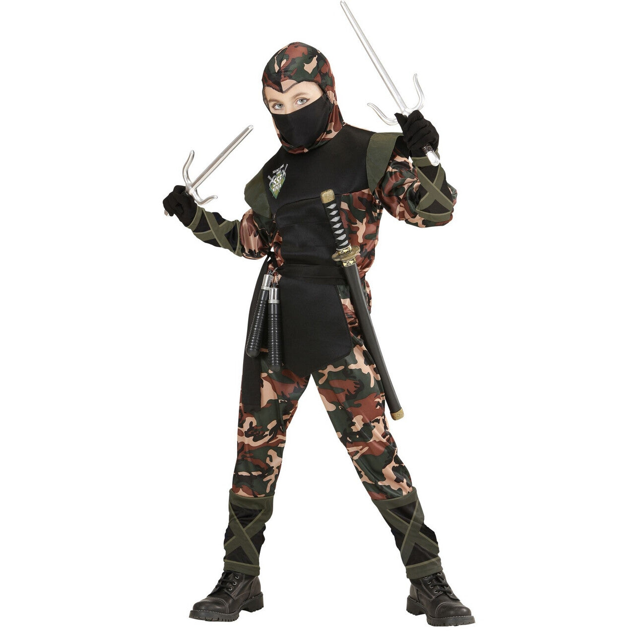 Op deze afbeelding zie je een Kostuums, van het merk Widmann. Ninja Soldaat Camouflage Jongen Kostuum