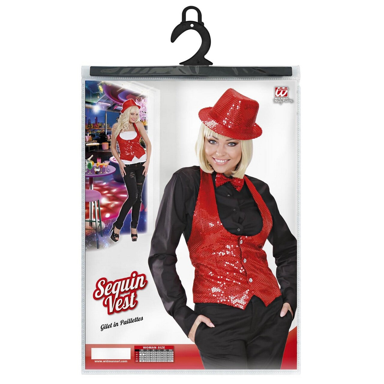 Op deze afbeelding zie je een Kostuums, van het merk Widmann. Dames Pailletten Vest Rood Vrouw