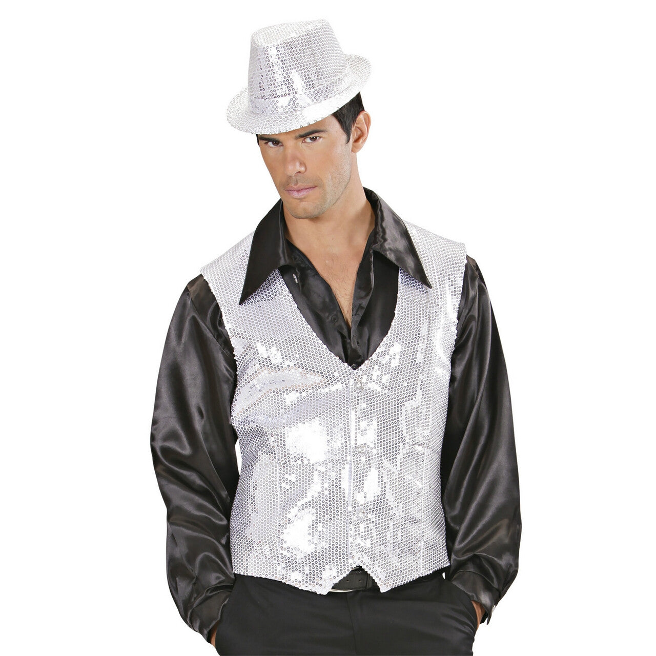 Op deze afbeelding zie je een Kostuums, van het merk Widmann. Showmaster Pailletten Vest Zilver Man