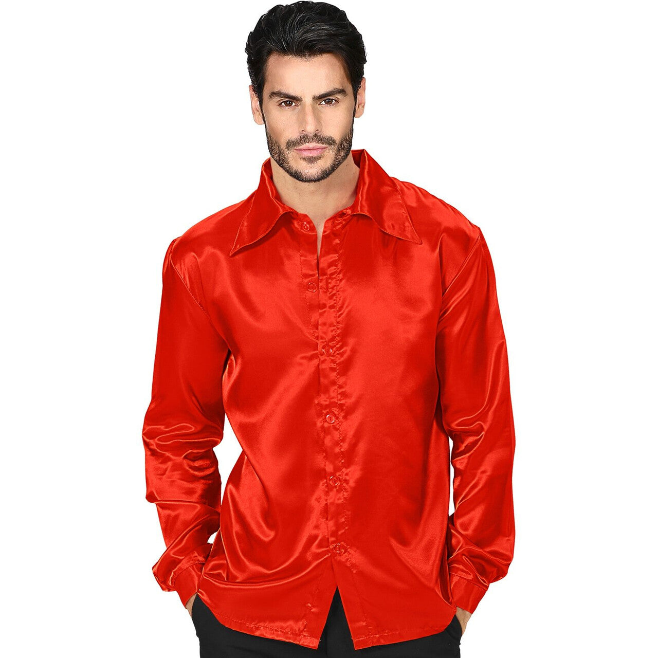 Op deze afbeelding zie je een Kostuums, van het merk Widmann. 70s Disco Shirt Rood Satijn Man