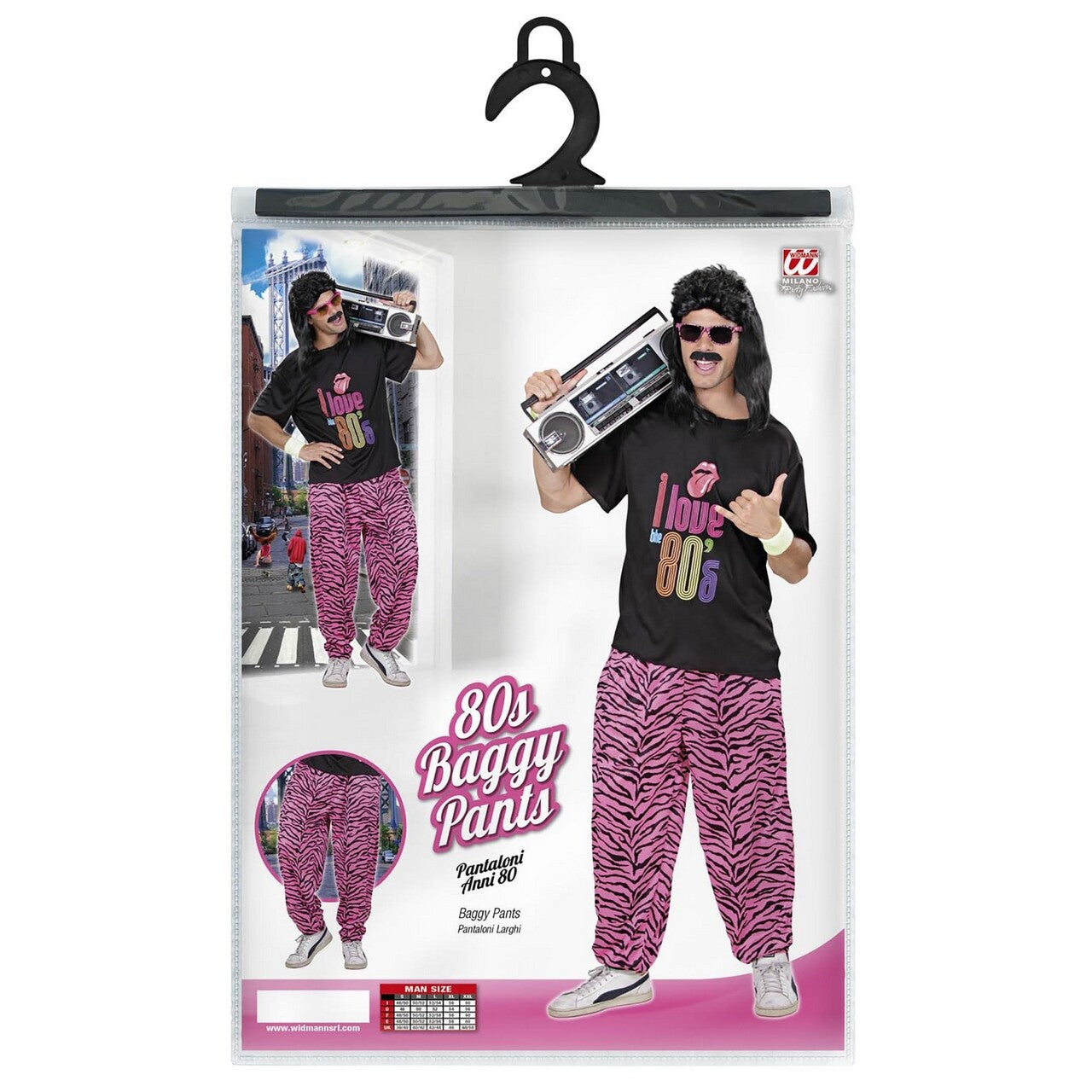 Op deze afbeelding zie je een Kostuums, van het merk Widmann. Baggy Broek 80s Zebra Roze Man