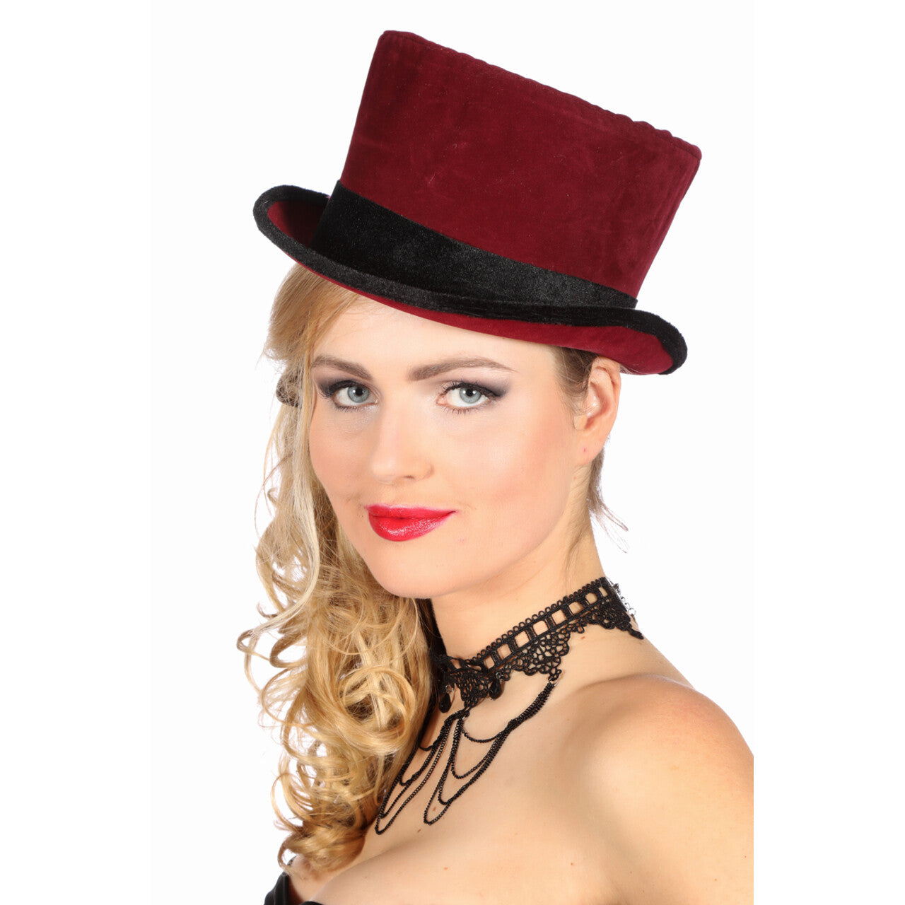 Op deze afbeelding zie je een Accessoires, van het merk Wilbers. Hoge Hoed Fluweel Rood Met Zwarte Band