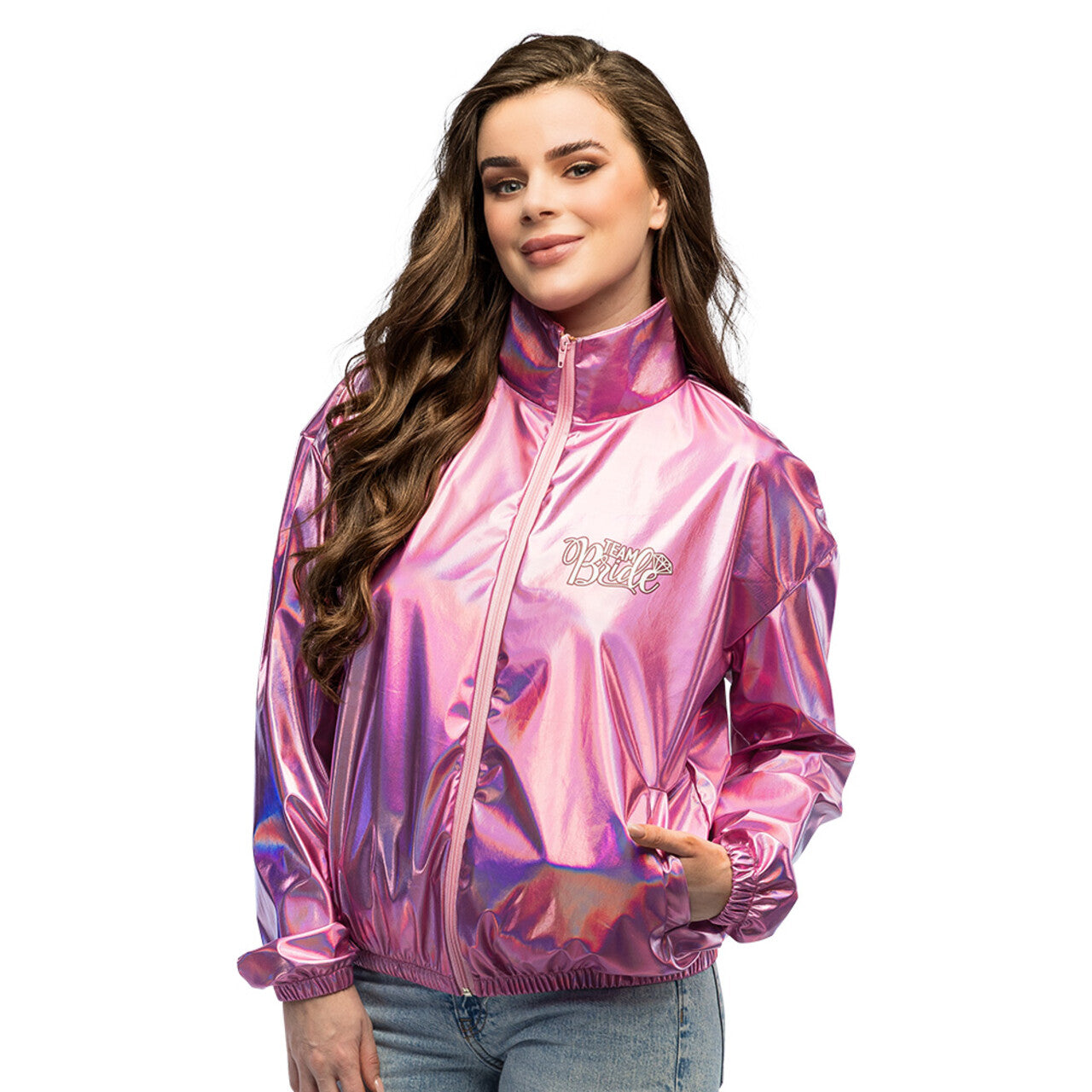 Op deze afbeelding zie je een Kostuums, van het merk Boland. Megacoole Metallic Roze Jasje Team Bride Vrouw