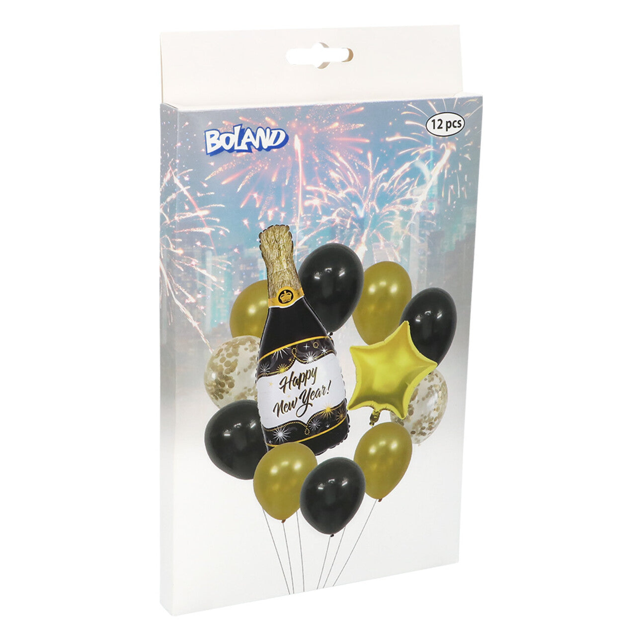 Op deze afbeelding zie je een Decoratie, van het merk Boland. Ballonnenset Happy New Year Goud / Zwart