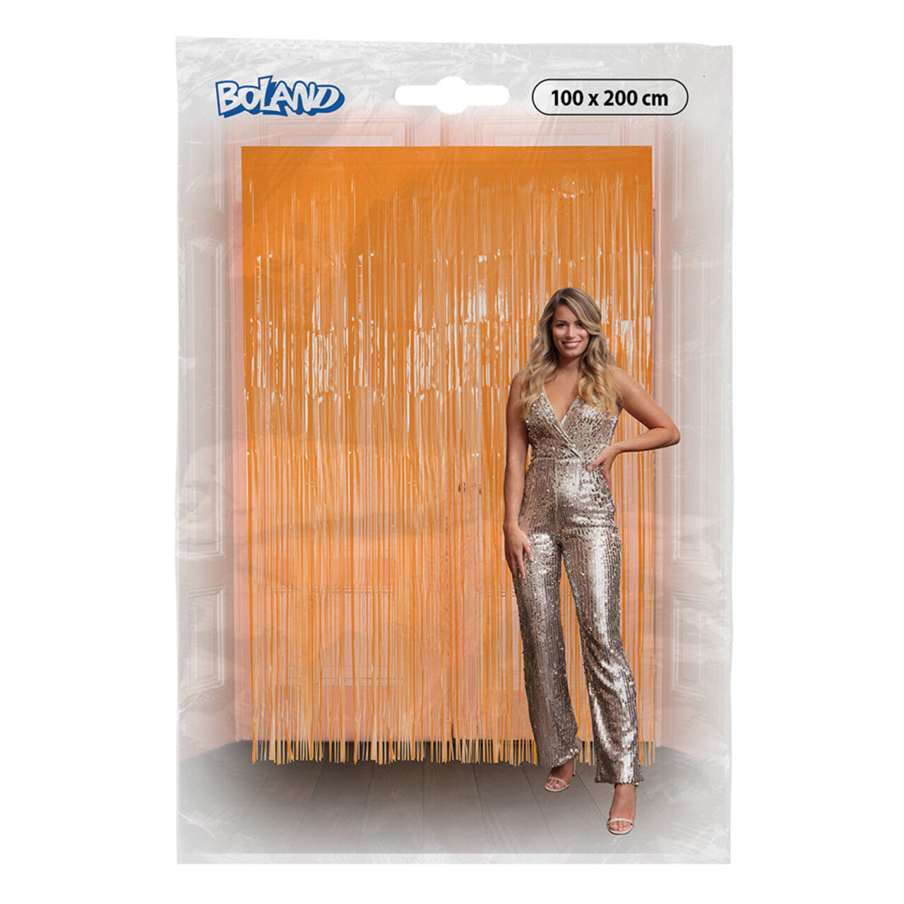 Op deze afbeelding zie je een Decoratie, van het merk Boland. Feestelijk Folie Gordijn Neon Oranje