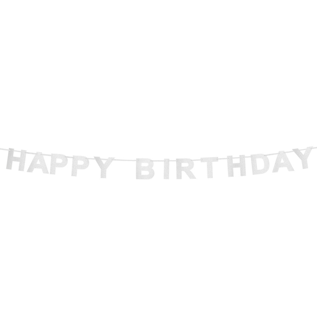 Op deze afbeelding zie je een Decoratie, van het merk Boland. Kartonnen Glitter Letterslinger Happy Birthday Zilver