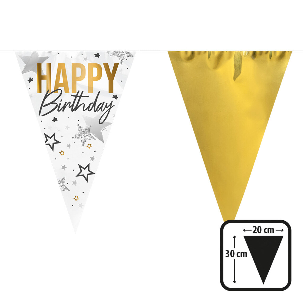 Op deze afbeelding zie je een Decoratie, van het merk Boland. Vlaggenlijn Happy Birthday Wit / Goud