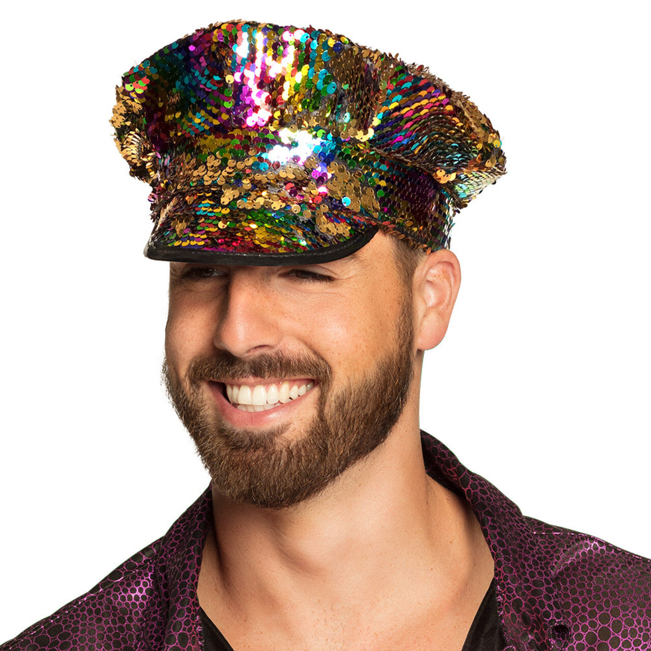 Op deze afbeelding zie je een Accessoires, van het merk Boland. Kapiteinspet Rainbow Switch (Omkeerbare Pailletten Regenboog / Goud)