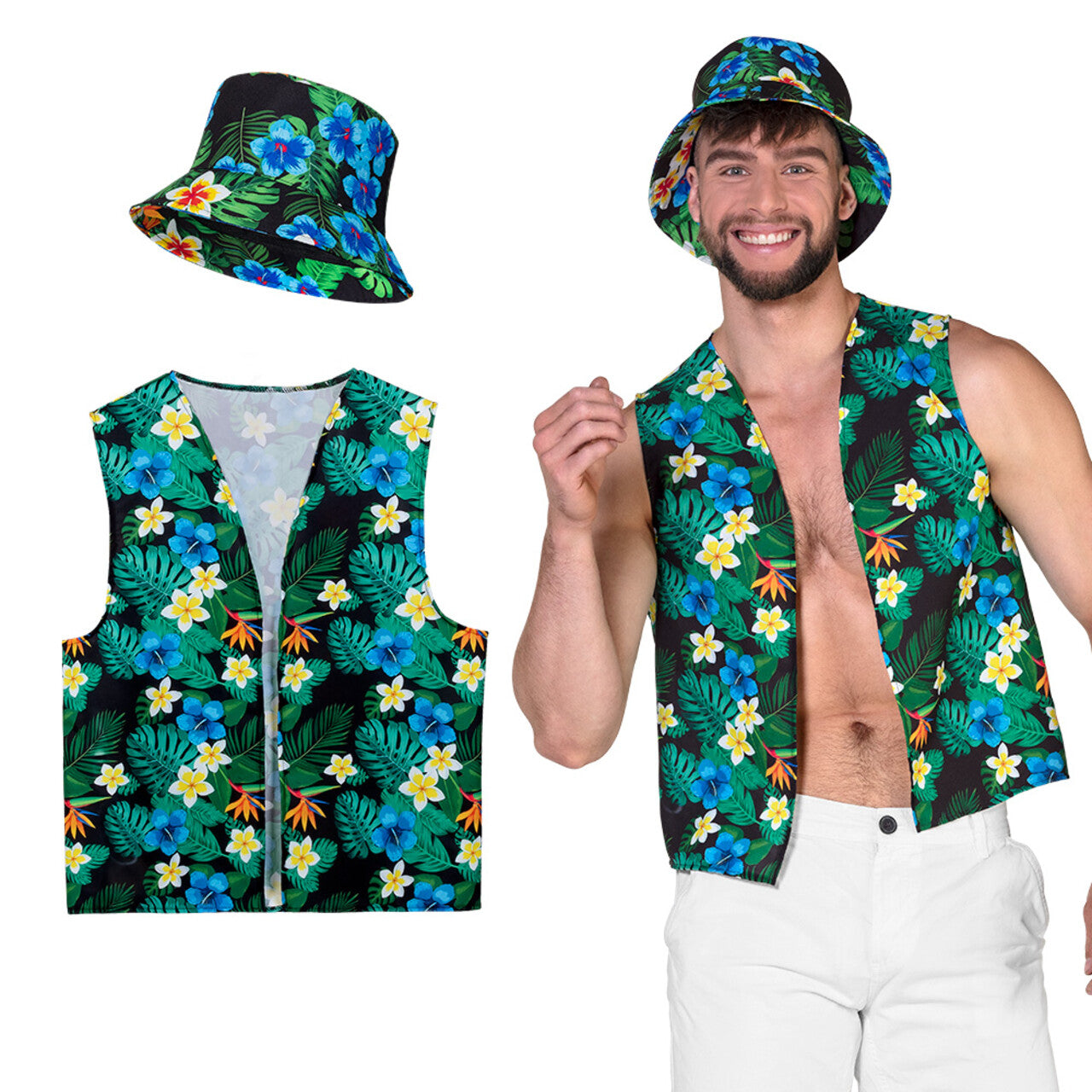 Op deze afbeelding zie je een Kostuums, van het merk Boland. Set Toerist Hawaii Hoed En Vest Man