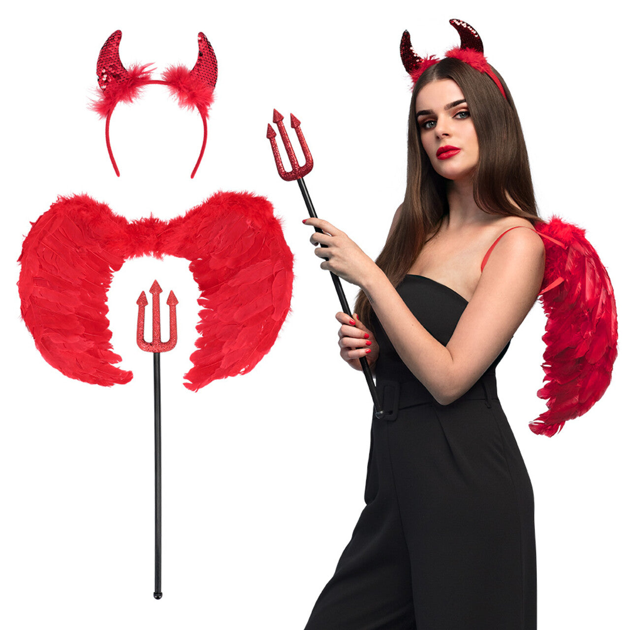 Op deze afbeelding zie je een Accessoires, van het merk Boland. Set Gevleugelde Duivel Hoorntjes Vleugels En Vork 58 Cm