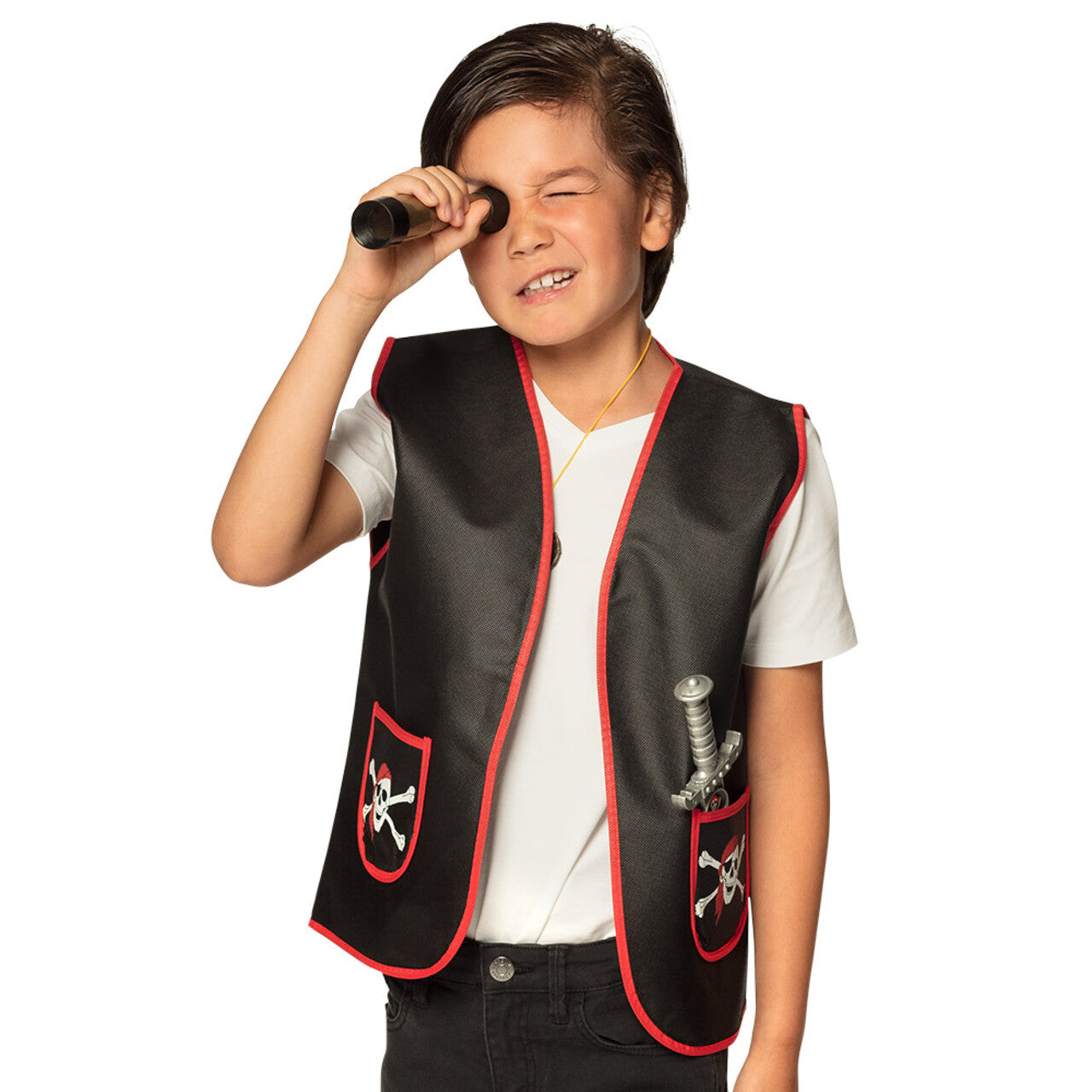 Op deze afbeelding zie je een Kostuums, van het merk Boland. Piratenvest Zwart Skull Soldier Kind Kostuum
