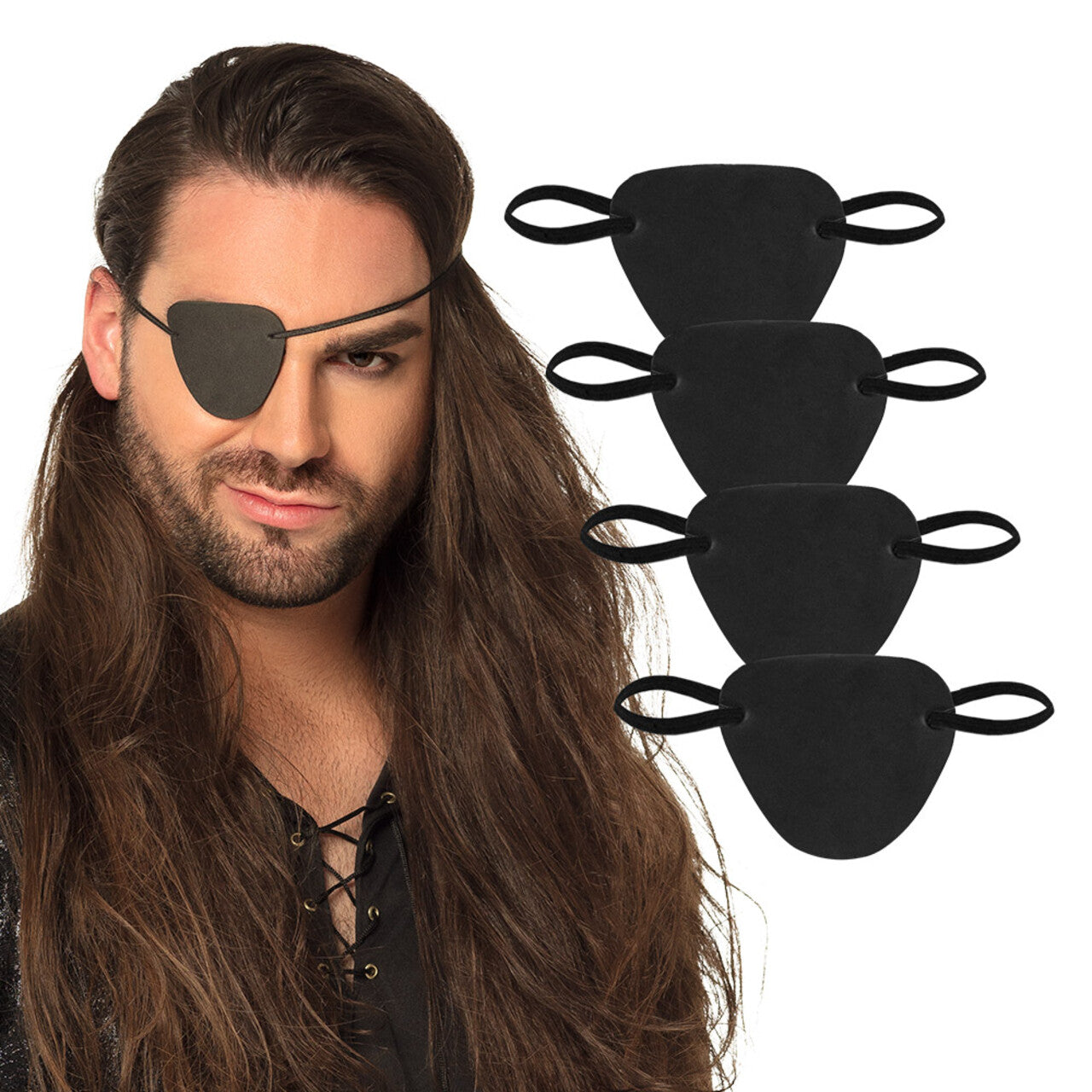 Op deze afbeelding zie je een Accessoires, van het merk Boland. Set Piraten Ooglapjes 4 Stuks Zwart