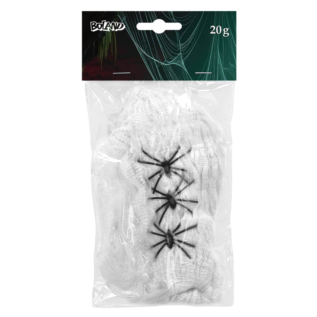 Op deze afbeelding zie je een Decoratie, van het merk Boland. Spinrag 20 G Wit Met 3 Spinnen