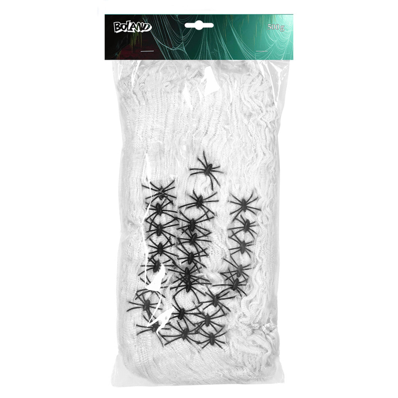 Op deze afbeelding zie je een Decoratie, van het merk Boland. Spinrag 500 G Wit Met 25 Spinnen