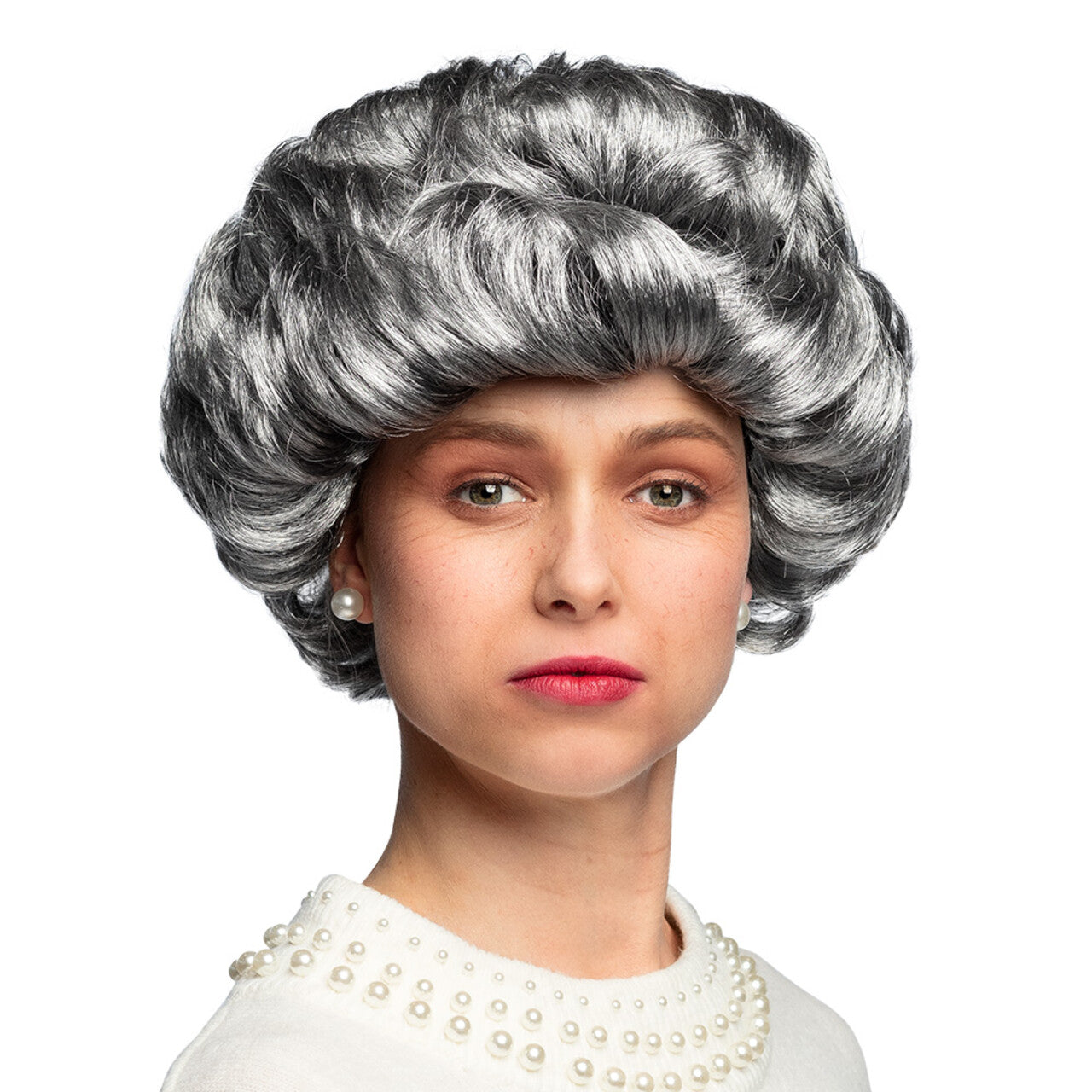 Op deze afbeelding zie je een Accessoires, van het merk Boland. Pruik Elizabeth Granny Grey