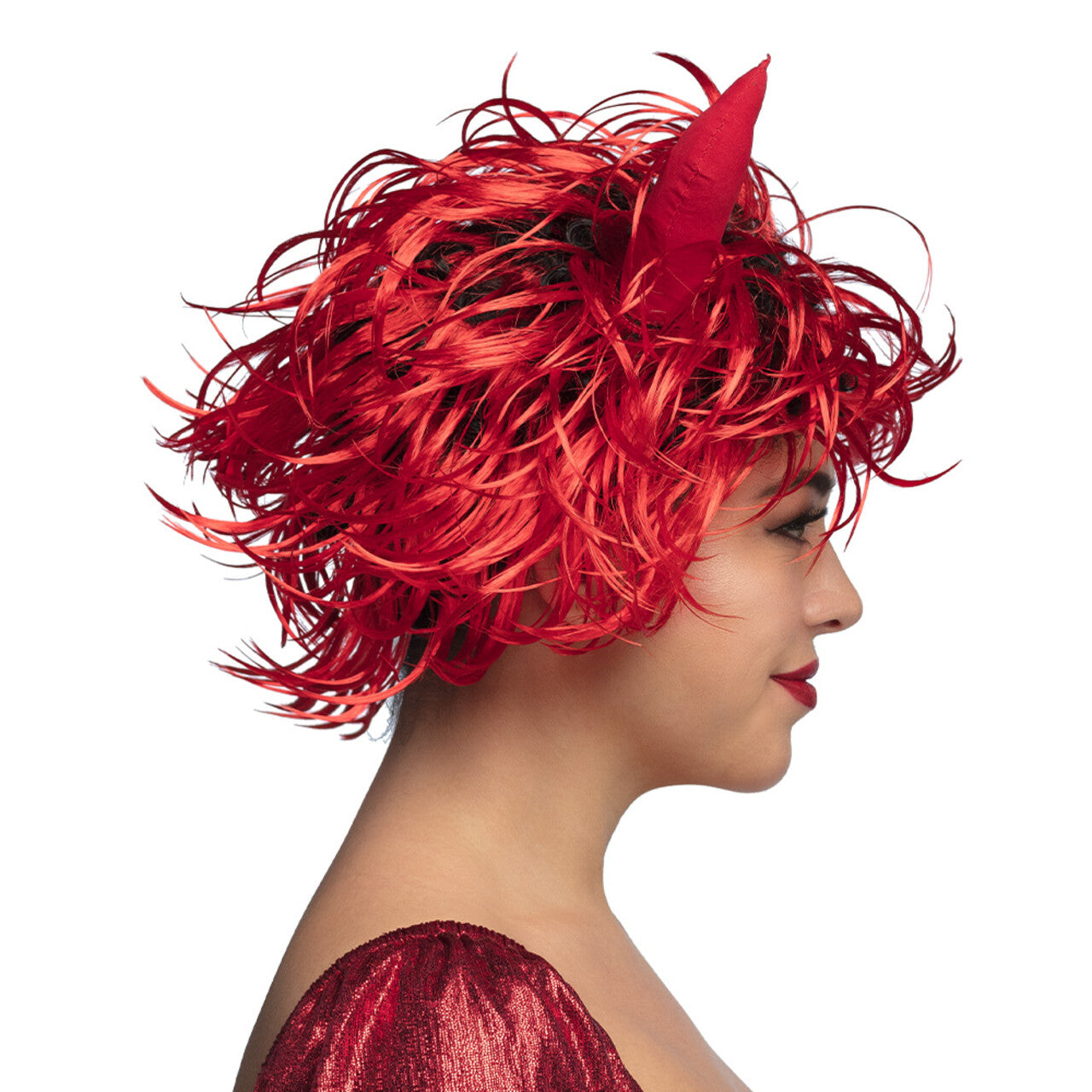 Op deze afbeelding zie je een Accessoires, van het merk Boland. Pruik Curly Devil Met Hoorntjes