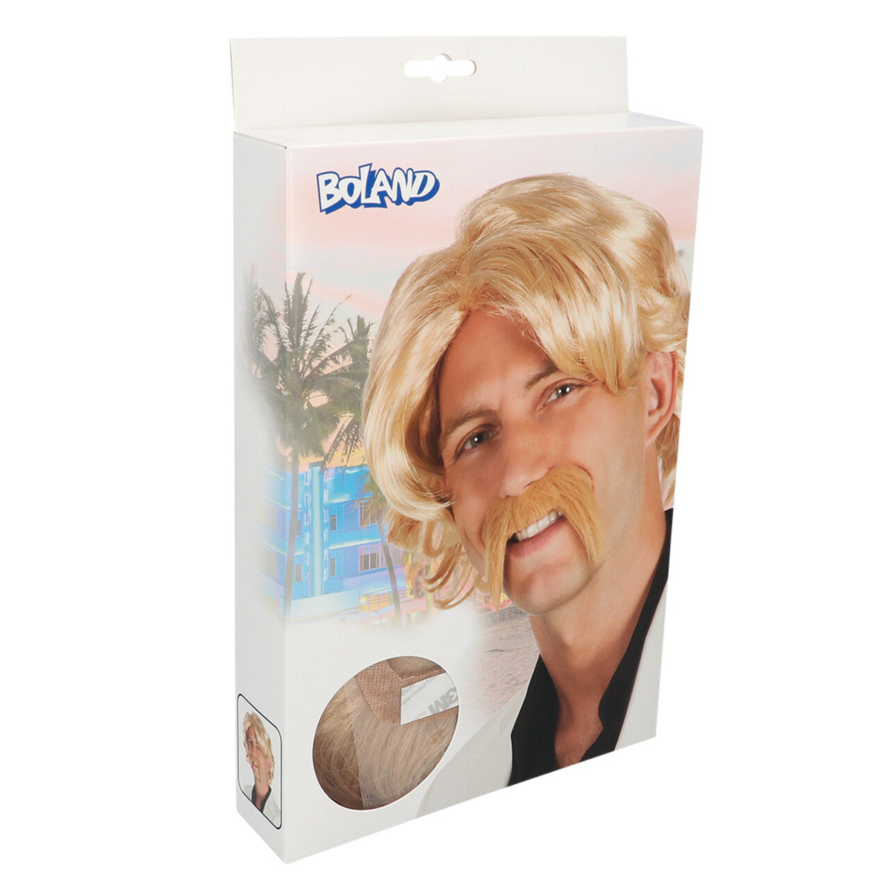 Op deze afbeelding zie je een Accessoires, van het merk Boland. Pruik Chuck Blond Met Snor