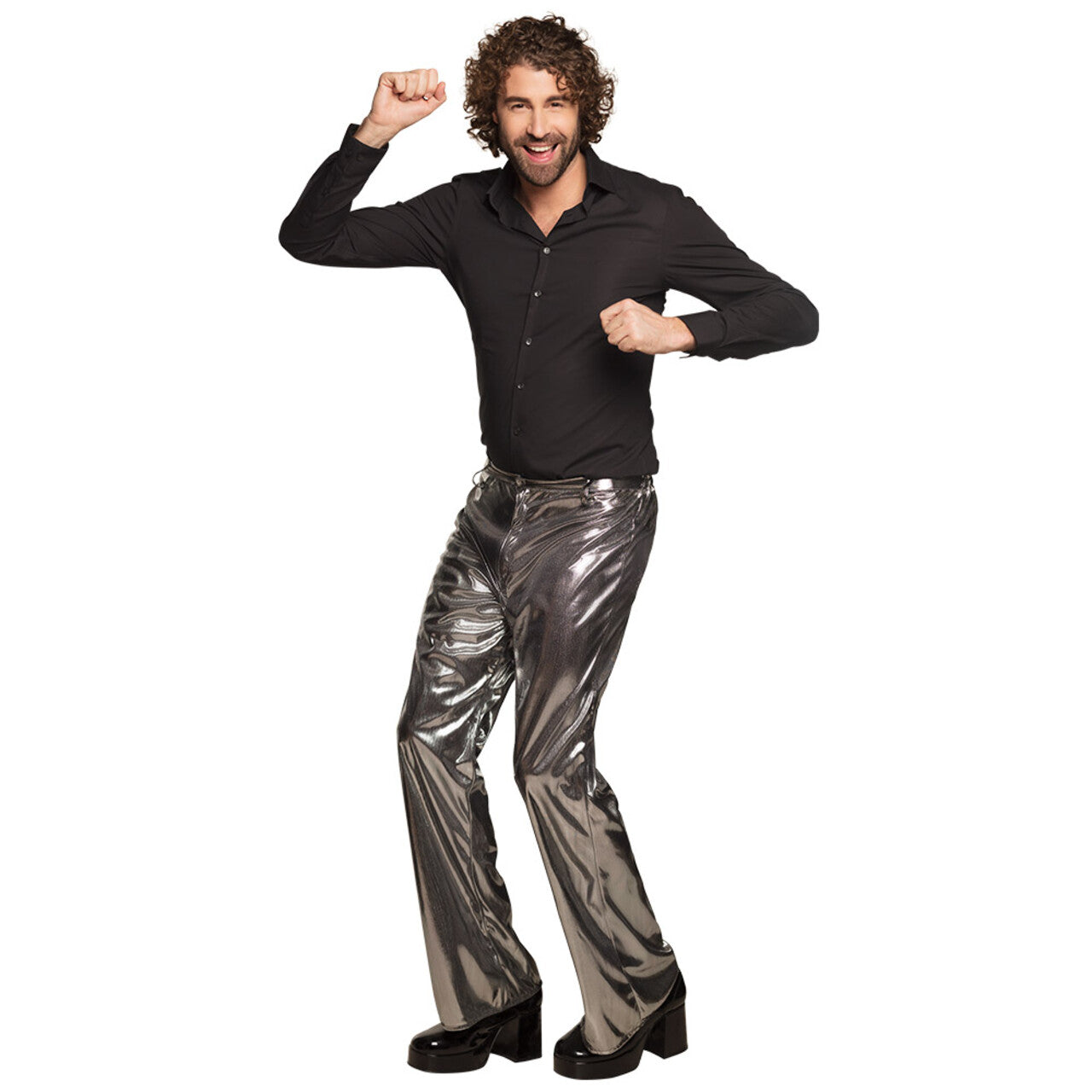 Op deze afbeelding zie je een Kostuums, van het merk Boland. Shiny Metallic Discobroek Zilver Man