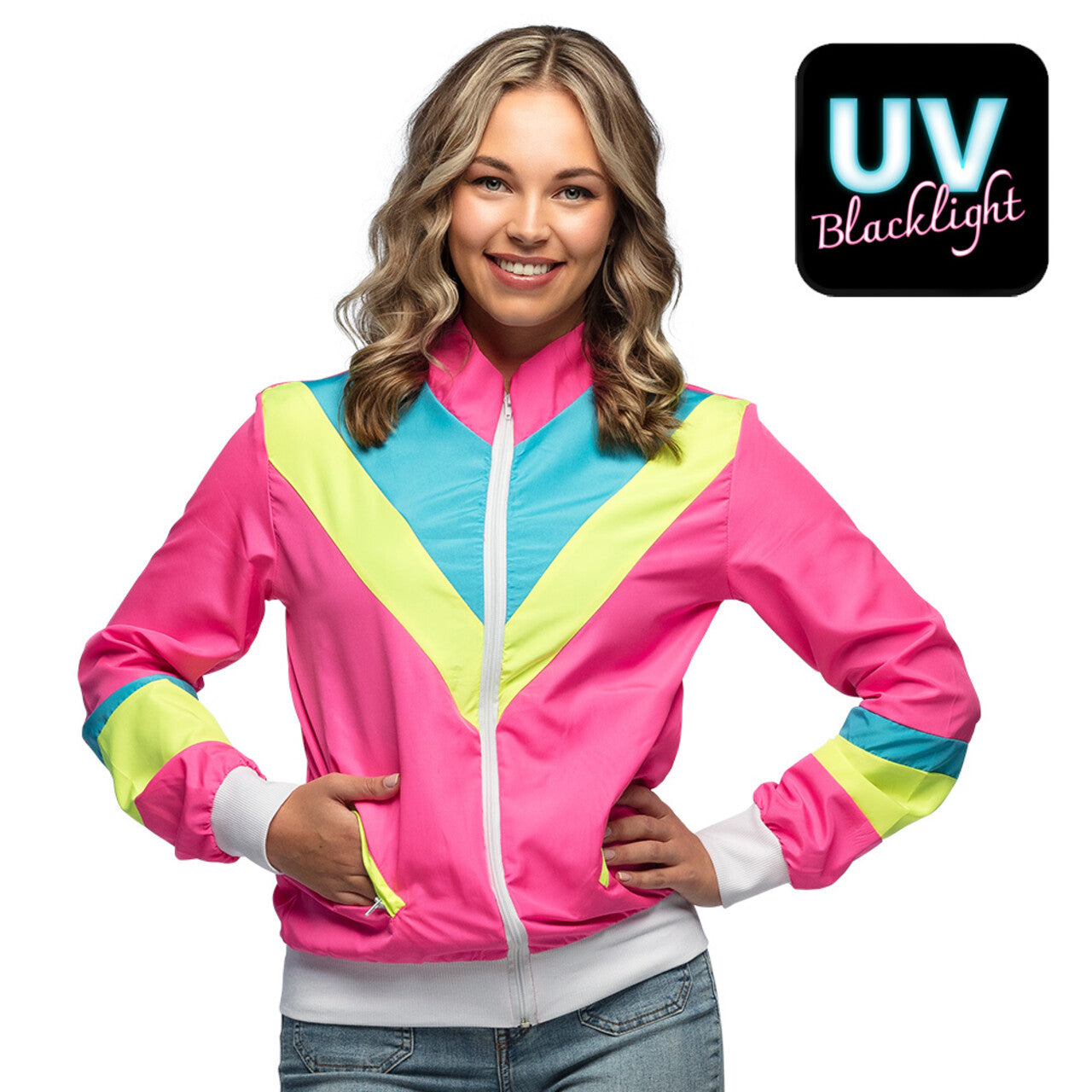 Op deze afbeelding zie je een Kostuums, van het merk Boland. Trainingsjasje Retro Babe Neonroze Vrouw