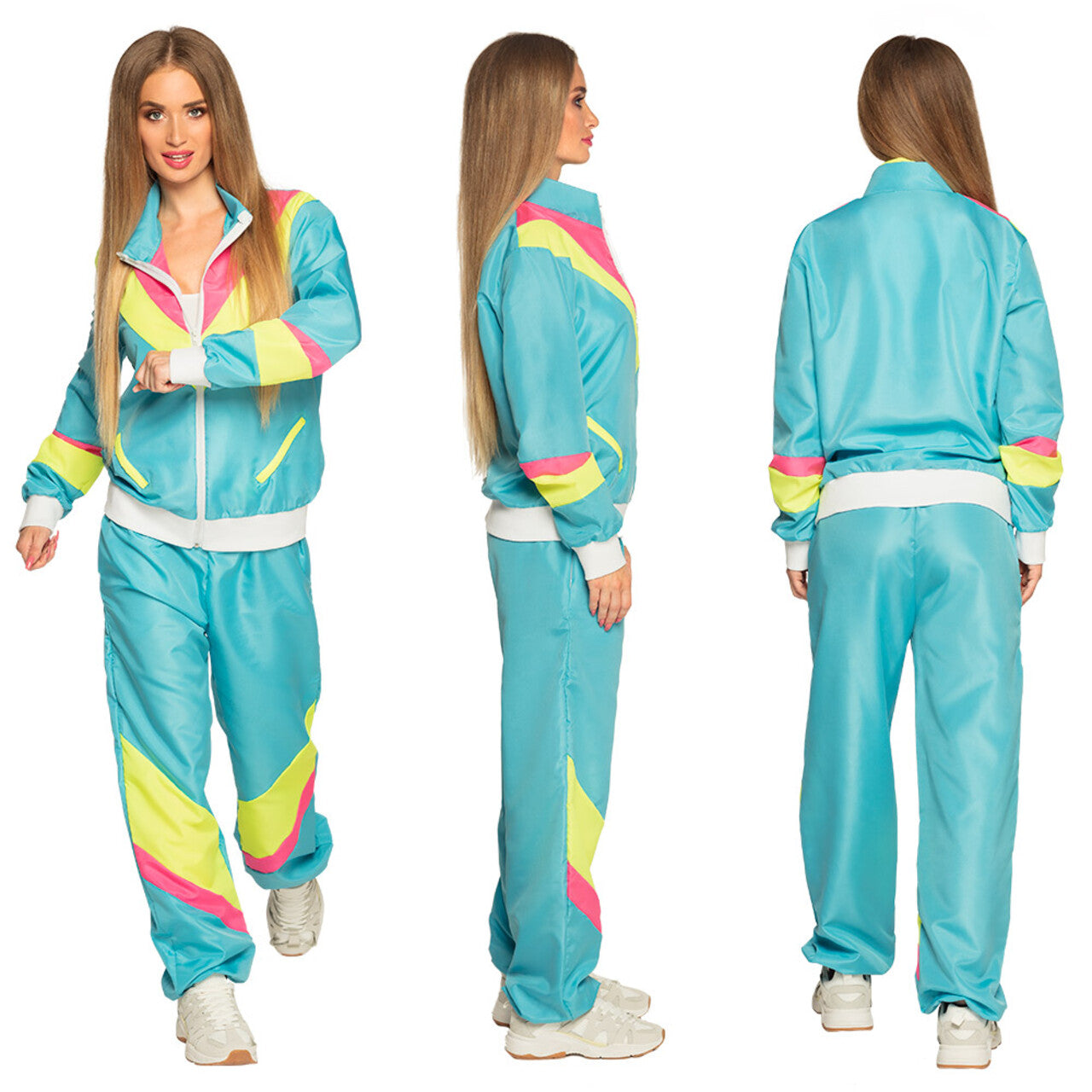 Op deze afbeelding zie je een Kostuums, van het merk Boland. Trainingspak Retro Babe Neonblauw Vrouw Kostuum