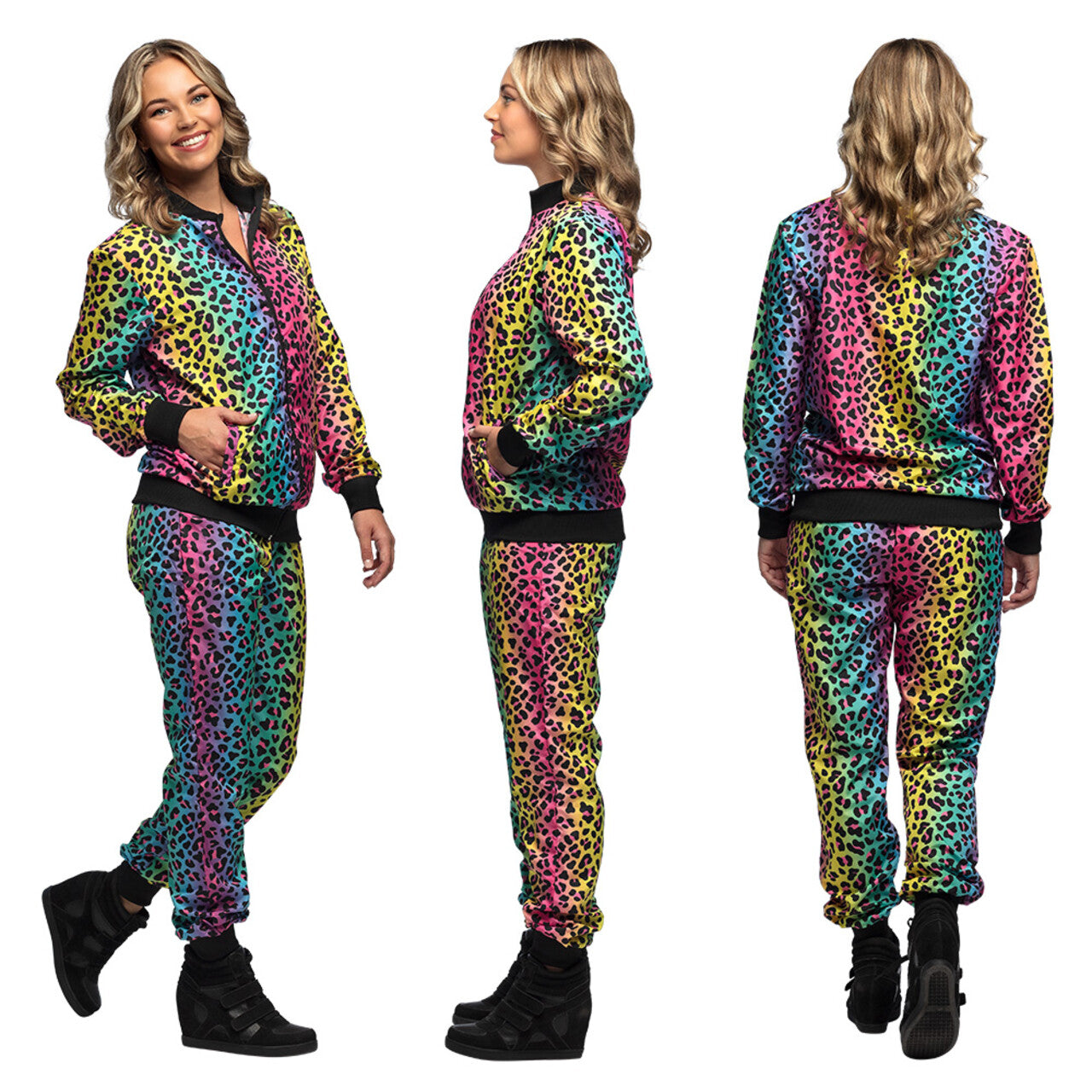 Op deze afbeelding zie je een Kostuums, van het merk Boland. Trainingspak Regenboogpanter Babe Vrouw Kostuum