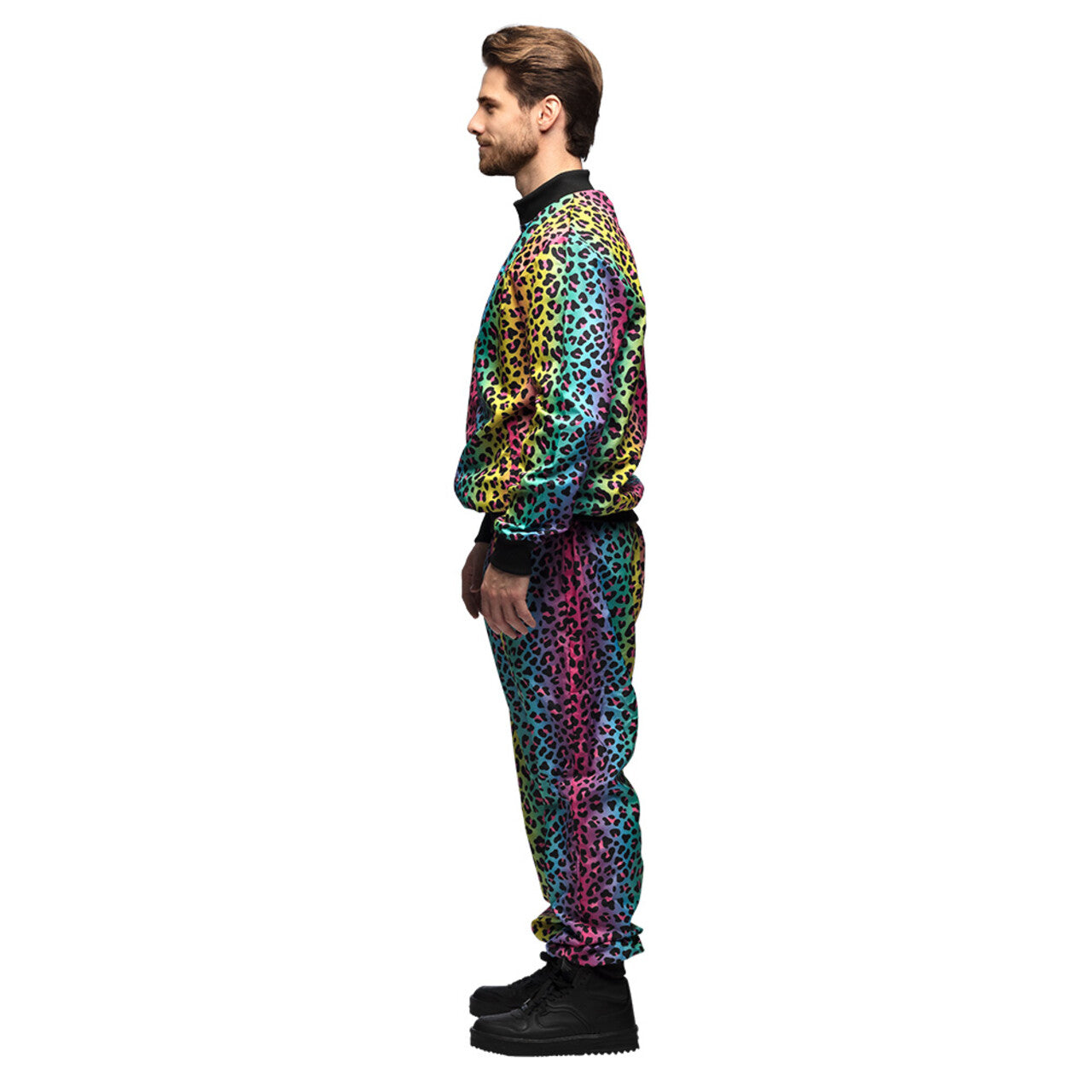 Op deze afbeelding zie je een Kostuums, van het merk Boland. Trainingspak Regenboogpanter Dude Man Kostuum