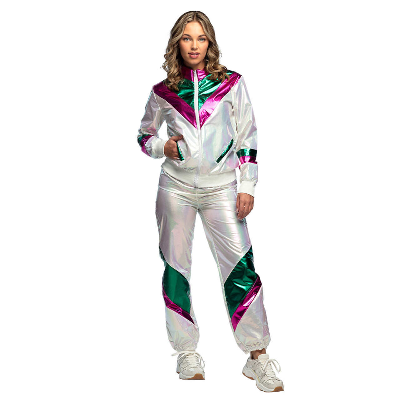 Op deze afbeelding zie je een Kostuums, van het merk Boland. Trainingspak Holographic Babe Vrouw Kostuum