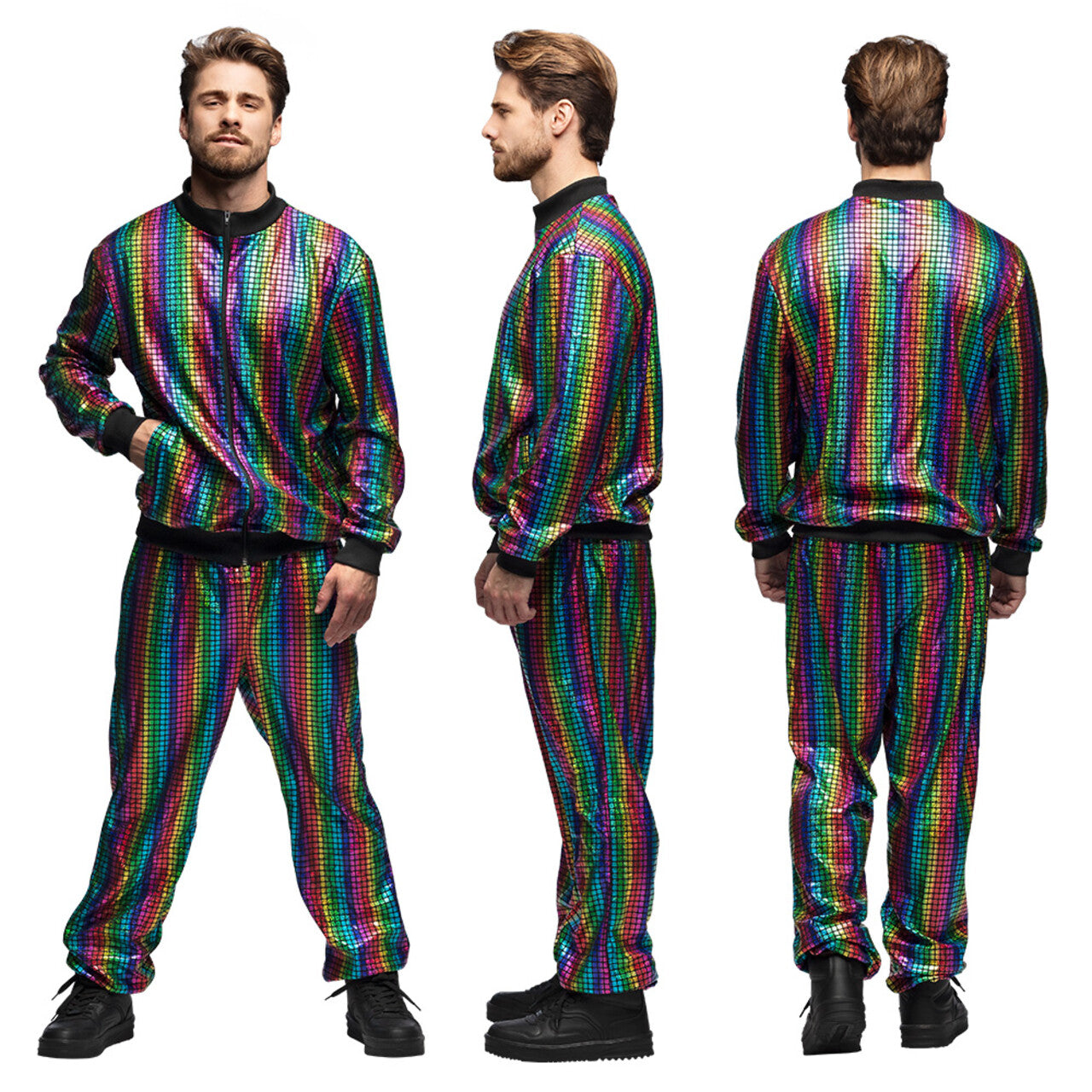 Op deze afbeelding zie je een Kostuums, van het merk Boland. Trainingspak Regenboog Dude Man Kostuum