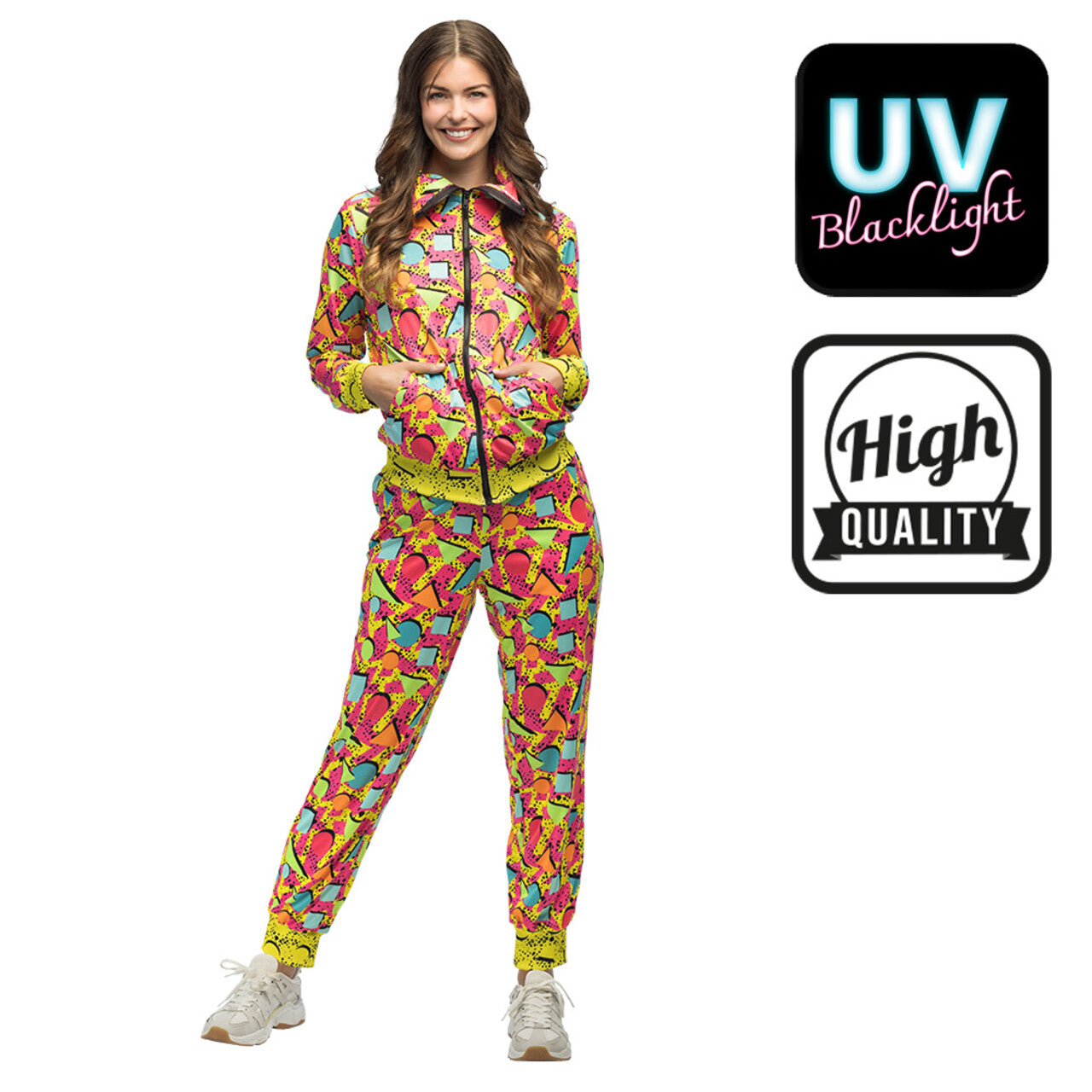 Op deze afbeelding zie je een Kostuums, van het merk Boland. Trainingspak 90s Pop Art Blacklight Vrouw Kostuum