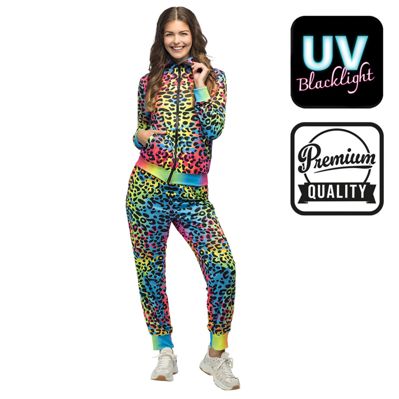 Op deze afbeelding zie je een Kostuums, van het merk Boland. Super Fout 90s Trainingspak Leopard Art Blacklight Vrouw Kostuum