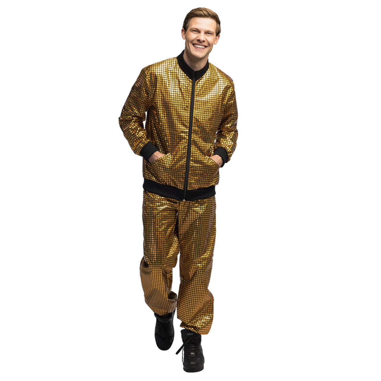 Op deze afbeelding zie je een Kostuums, van het merk Boland. Trainingspak Disco Diamond Dude Goud Man Kostuum