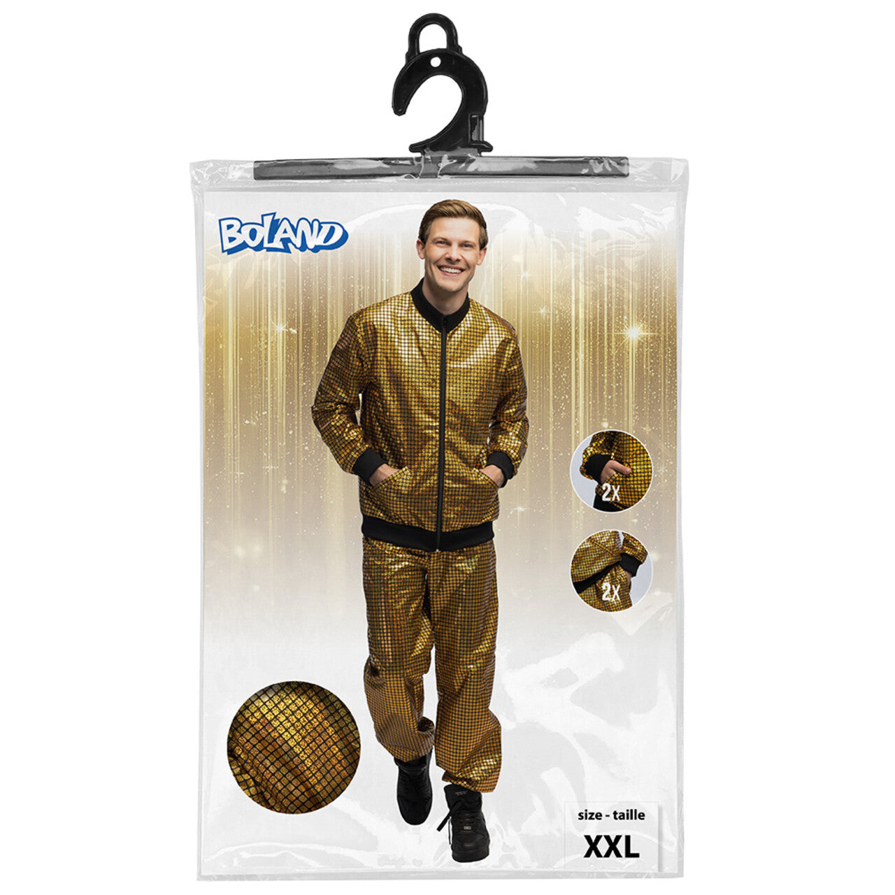 Op deze afbeelding zie je een Kostuums, van het merk Boland. Trainingspak Disco Diamond Dude Goud Man Kostuum