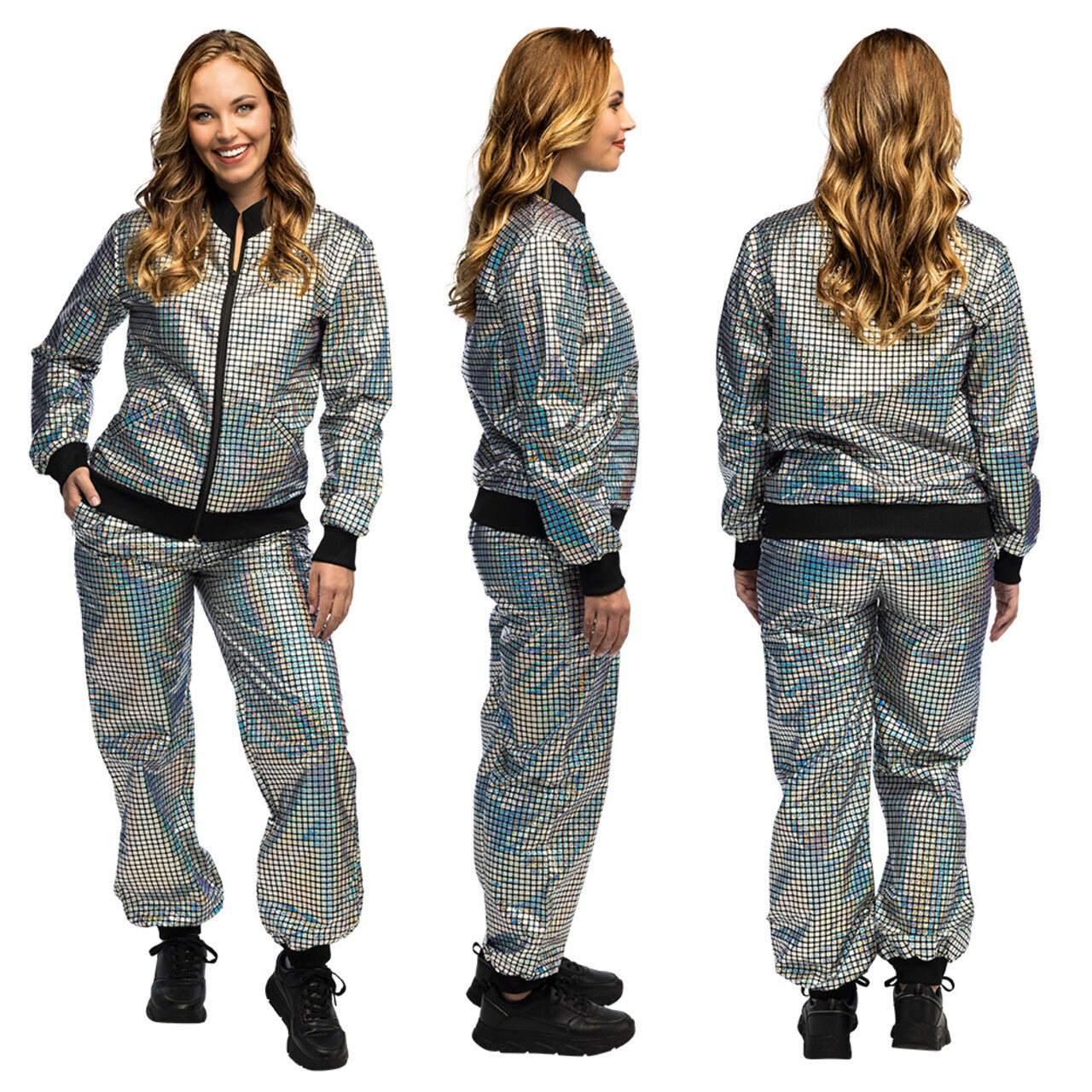 Op deze afbeelding zie je een Kostuums, van het merk Boland. Trainingspak Disco Bal Zilver Vrouw Kostuum