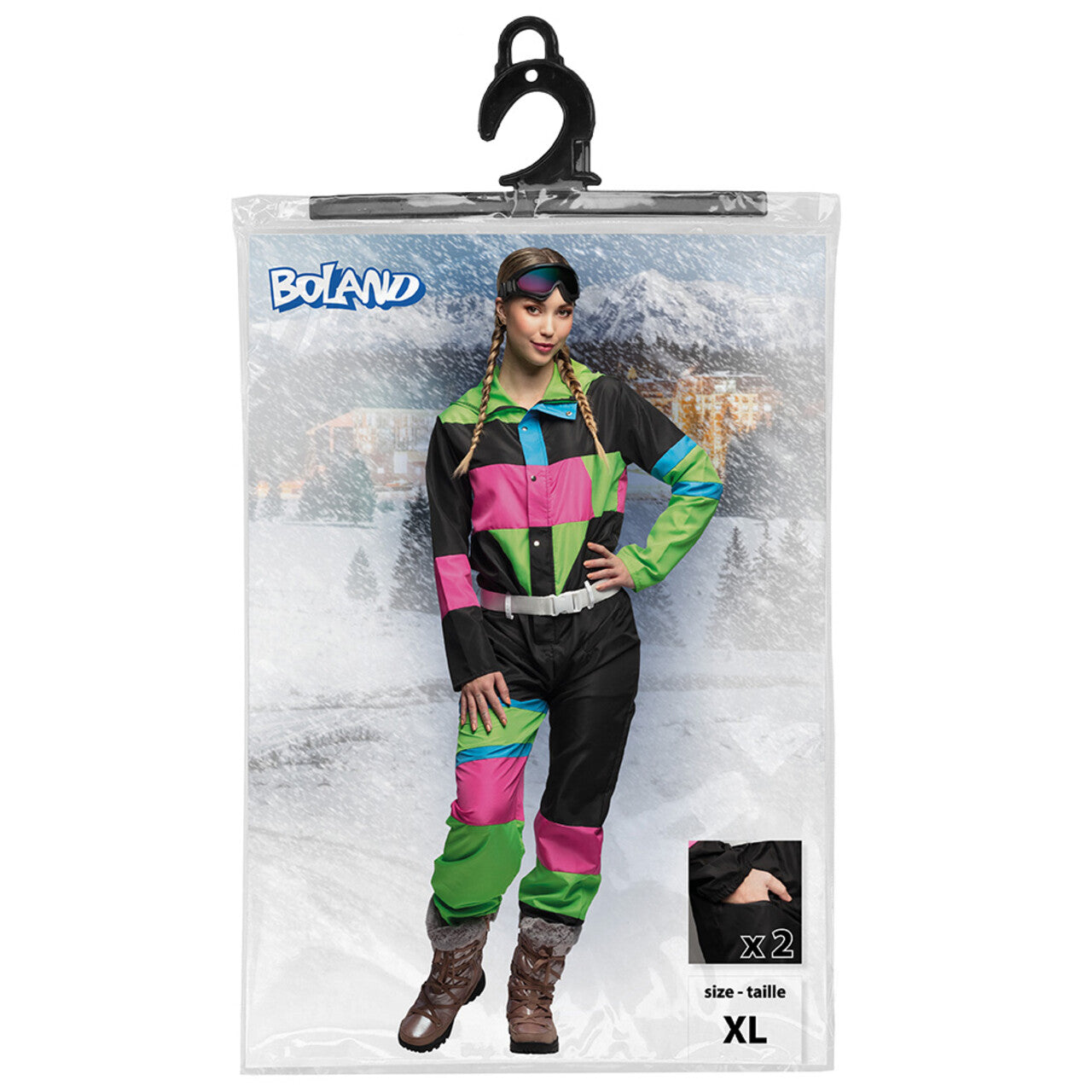 Op deze afbeelding zie je een Kostuums, van het merk Boland. Skipak 80s Lissy Snow Vrouw Kostuum