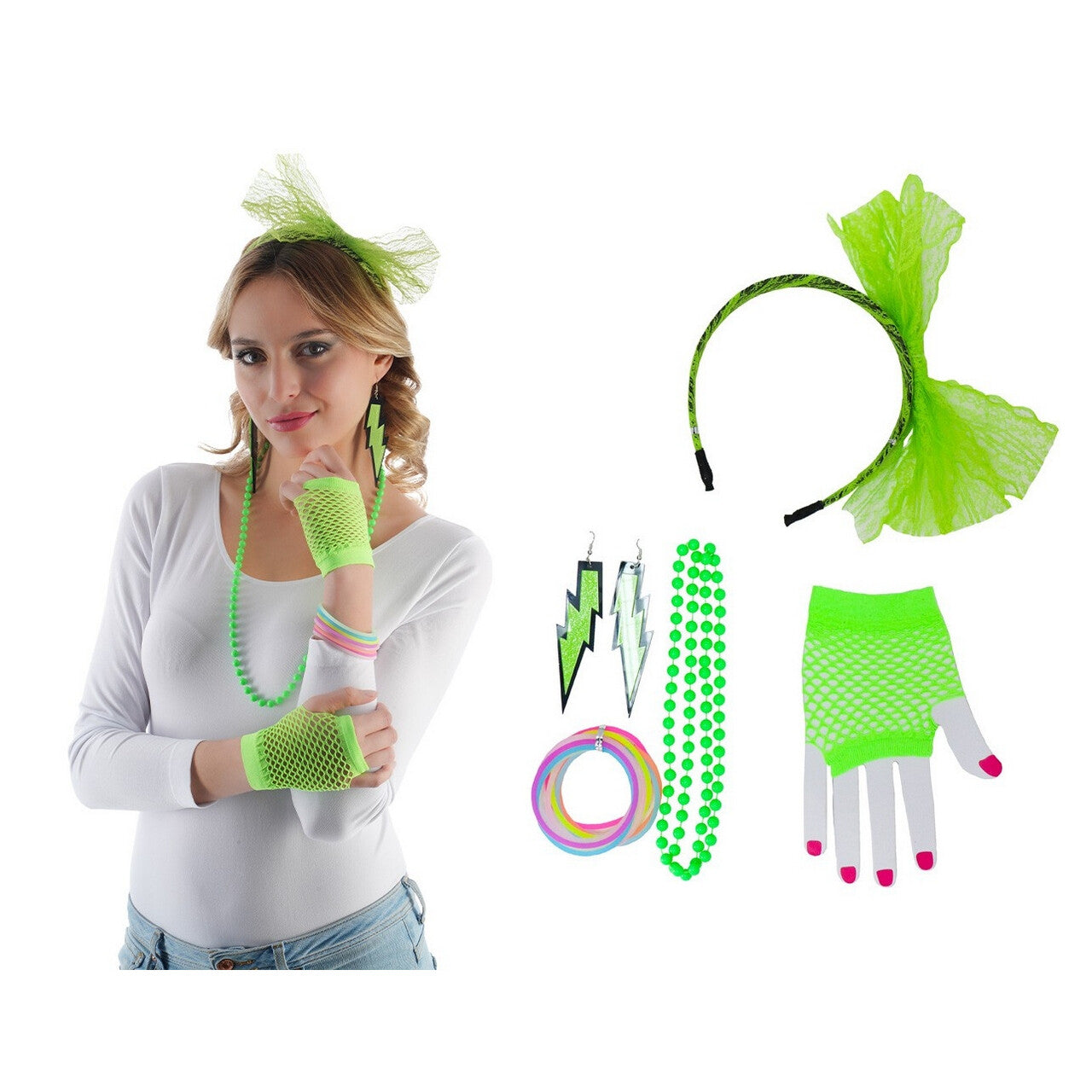 Op deze afbeelding zie je een Accessoires, van het merk Chaks. Neon Groen Jaren 80 Popstar Set