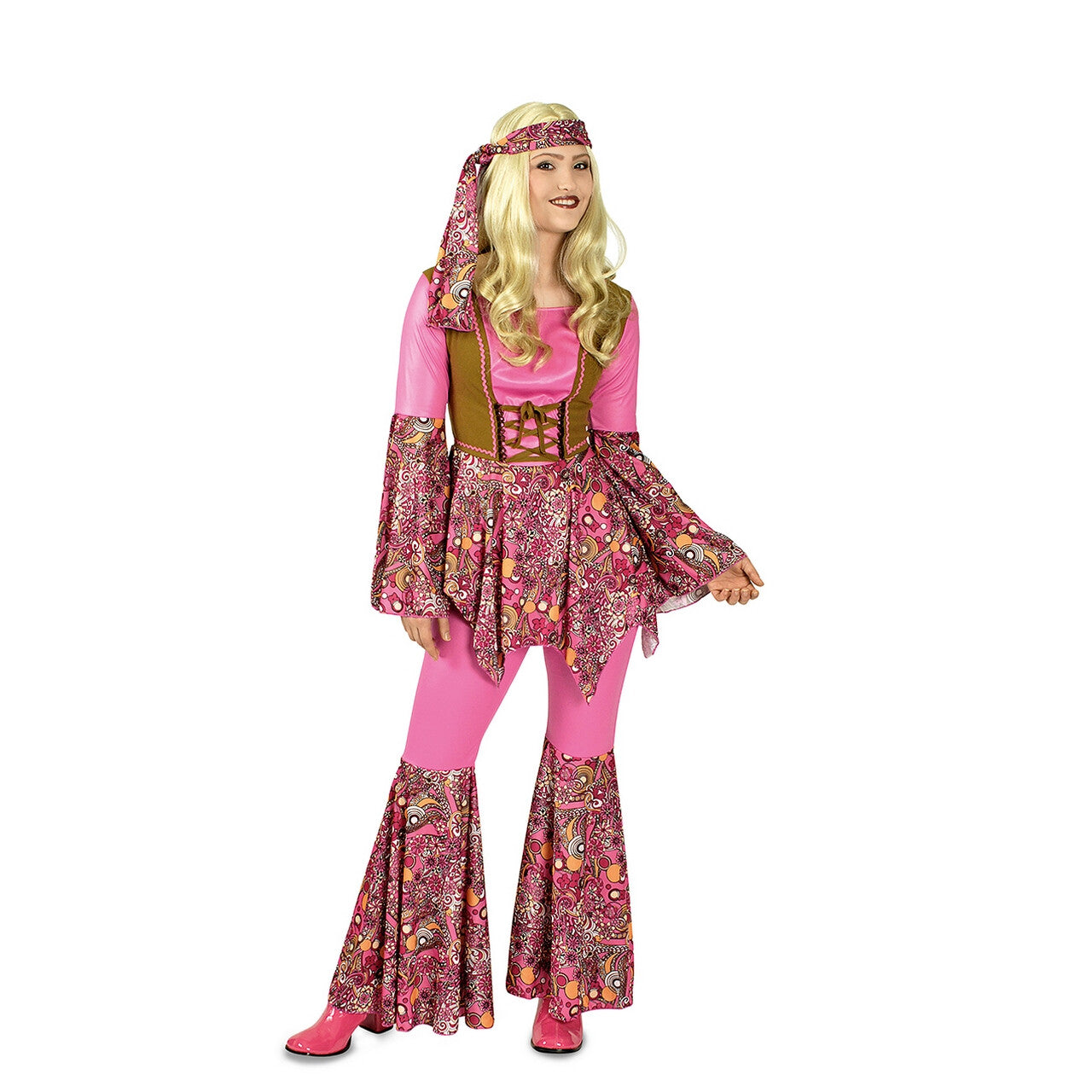 Op deze afbeelding zie je een Kostuums, van het merk Chaks. California Hippie Pixie Pink Vrouw Kostuum