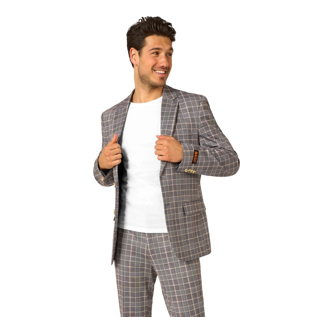 Op deze afbeelding zie je een Kostuums, van het merk Opposuits. Daily Checked Tan Man Kostuum