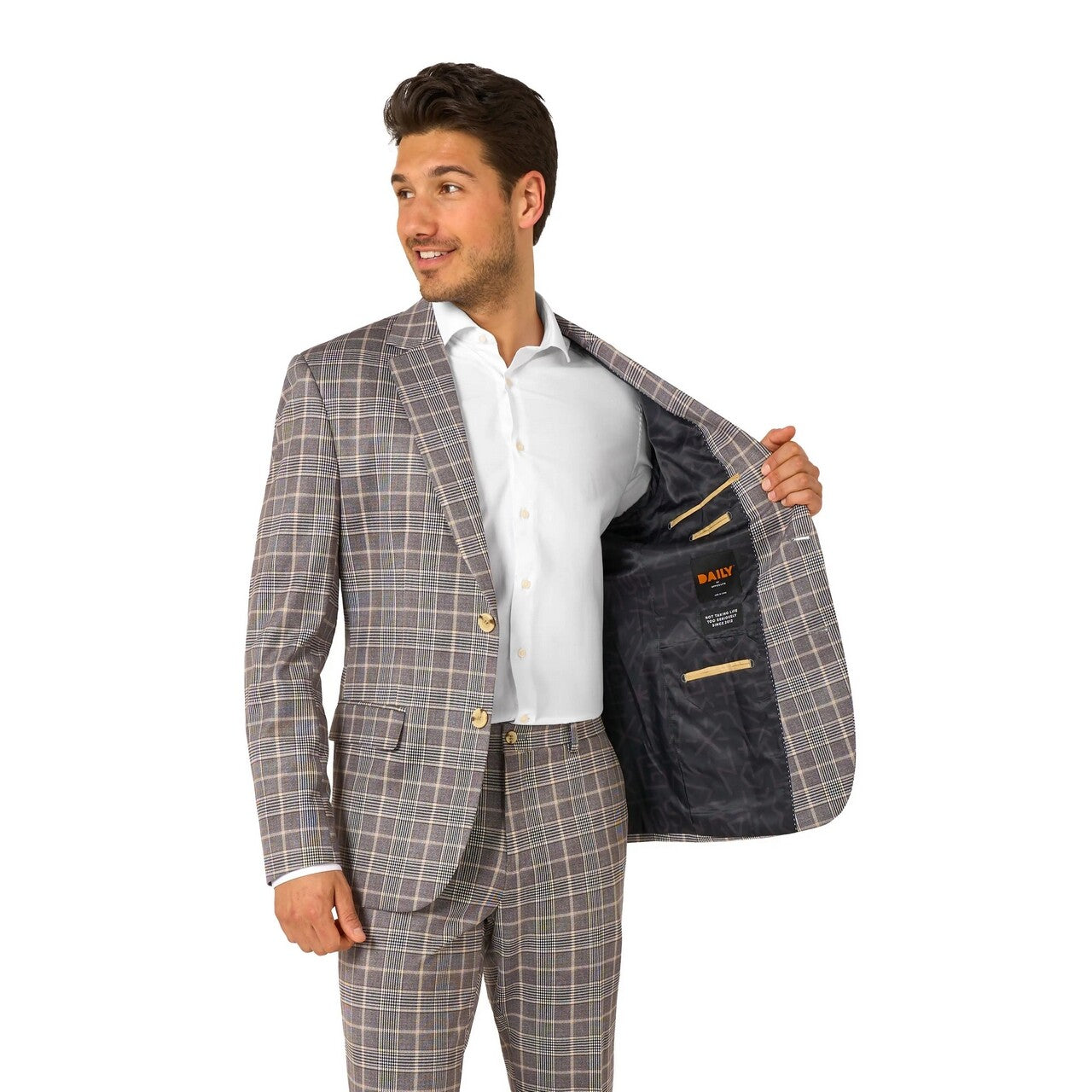 Op deze afbeelding zie je een Kostuums, van het merk Opposuits. Daily Checked Tan Man Kostuum